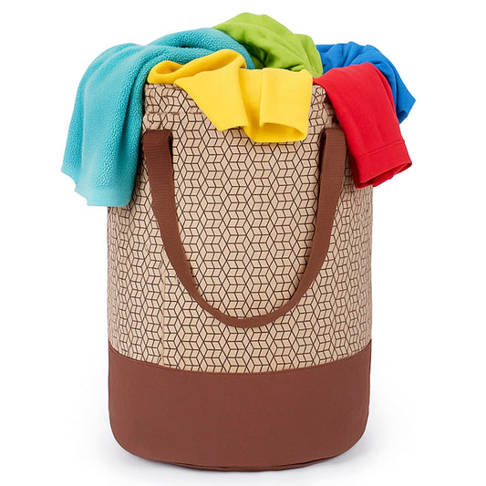 GLUN® Round Printed Laundry Bag, Beige & Brown Foldable Waterproof 45 Liter Capacity, Non-Woven Toys & Cloth Storage Bag Pack Of 1