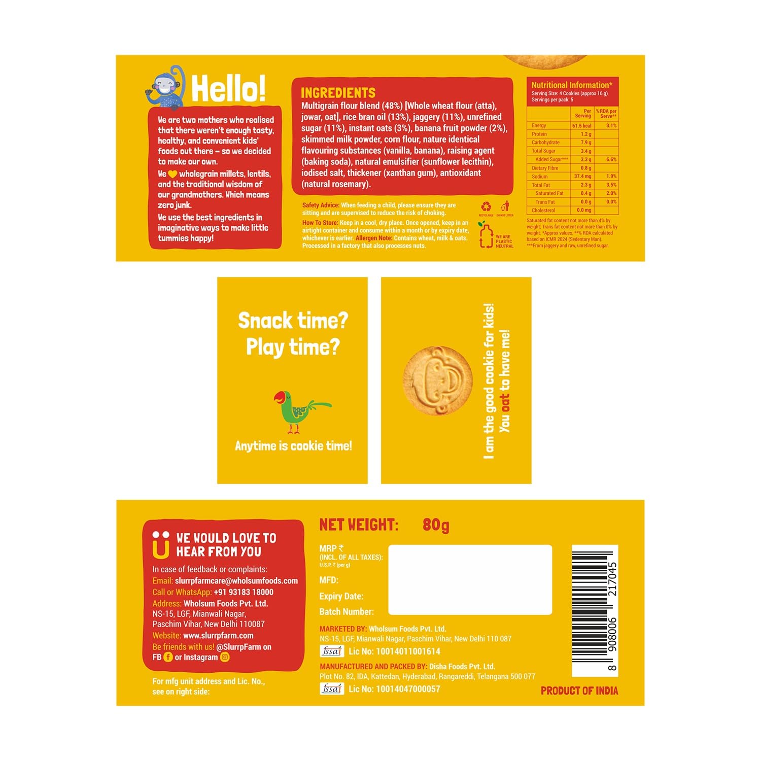 Slurrp Farm No Maida No Refined Sugar Assorted Pack of Cookies | Banana Oat, Choco Ragi and Milky Choco Chip | Healthy Cookies Made With Multigrains | Perfect for tiffins, travel or snack time | Pack of 3 x 80g