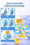 TEC TAVAKKAL Slide Toy Race Duck Track Set, Funny Automatic Stair-Climbing Ducklings Cartoon Roller Coaster Escalator Toy with Flashing Lights & Music