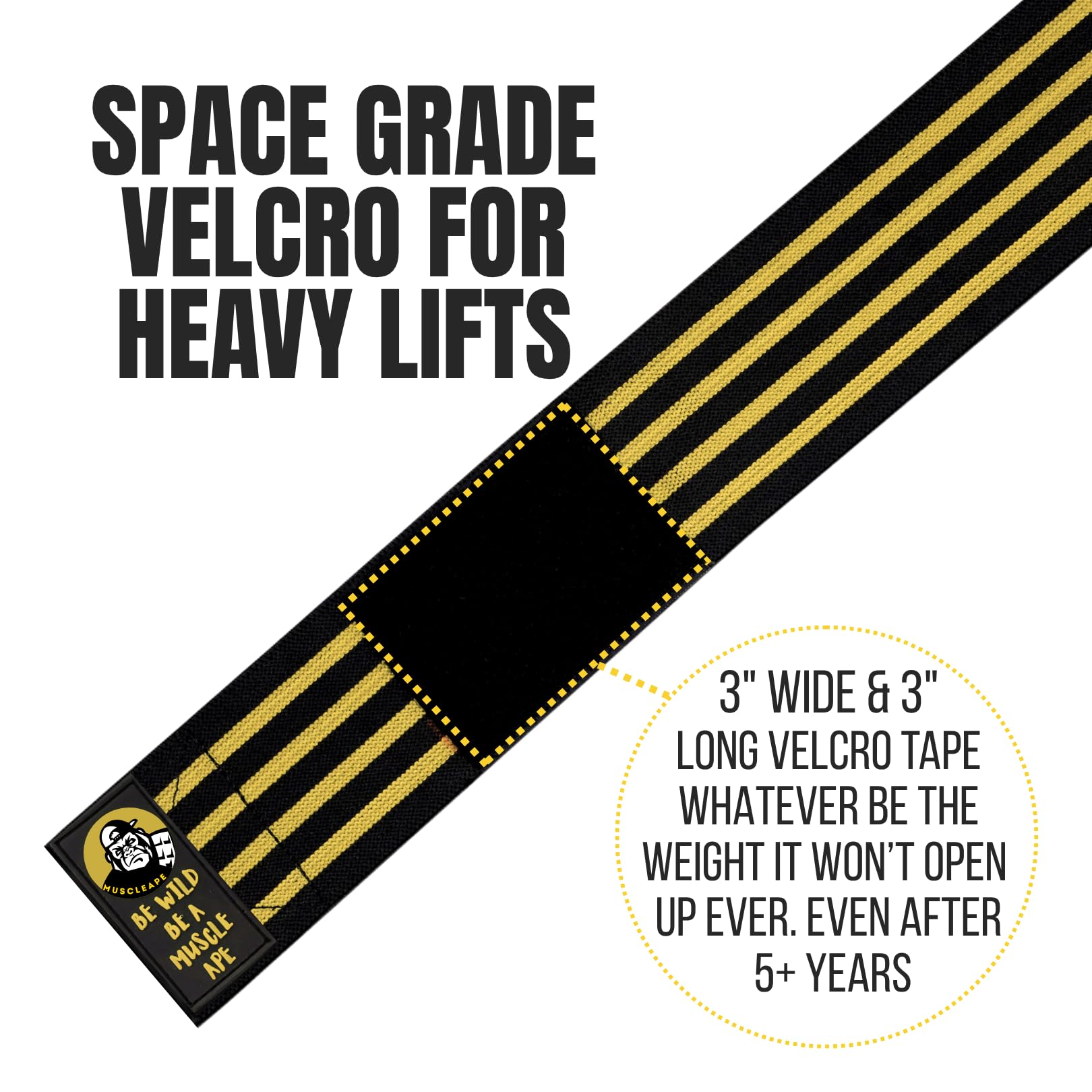 Muscleape Wrist Wraps for Gym | SuperFabric Strength Support Straps for Heavy Lifting, CrossFit & Powerlifting | Adjustable Compression Wrist Support for atheletes– Superb Workout Wrist Stability & Protection. (Bumblebee, 14 Inche)