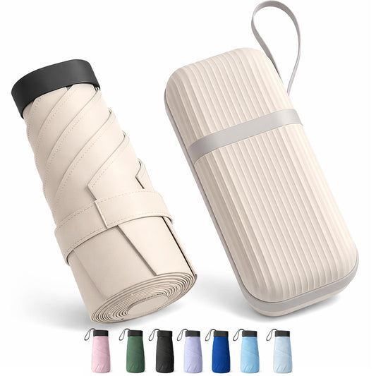 REXERA UV Travel Mini Folding Ultra Compact pastel Umbrella with Case, Manual Open 6 Ribs Lightweight Portable, Small Sun & Rain Pocket Umbrella for Men and Women- Use in Rain & Summer (Beige)