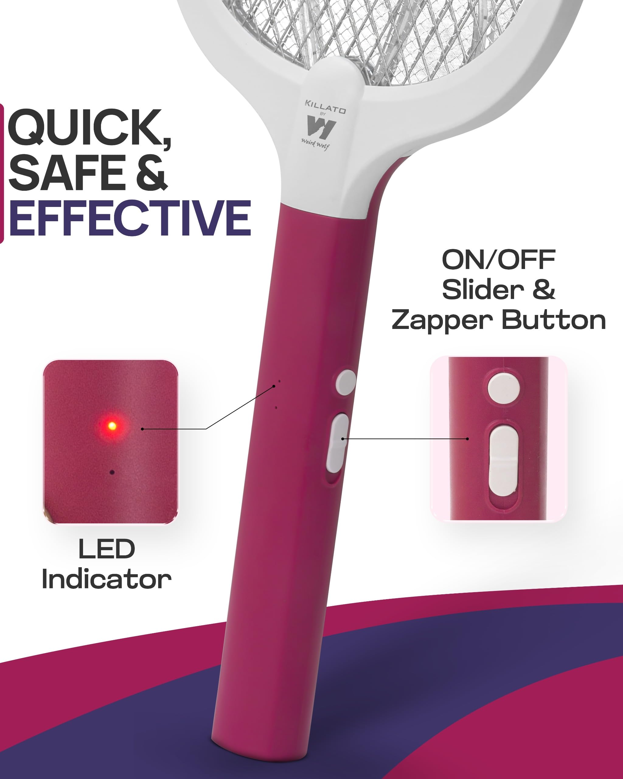 Weird Wolf Heavy Duty Mosquito Racket Bat | Rechargeable Electric Fly Swatter | Mosquito Killer Racquet with Type-C Charging and 6 Months Warranty (Maroon)