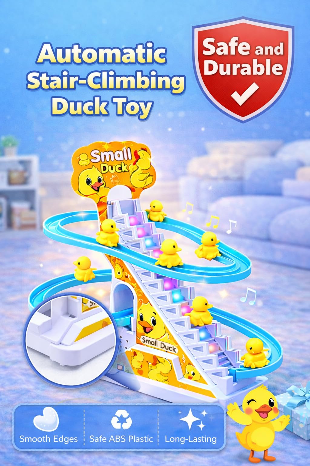 TEC TAVAKKAL Slide Toy Race Duck Track Set, Funny Automatic Stair-Climbing Ducklings Cartoon Roller Coaster Escalator Toy with Flashing Lights & Music