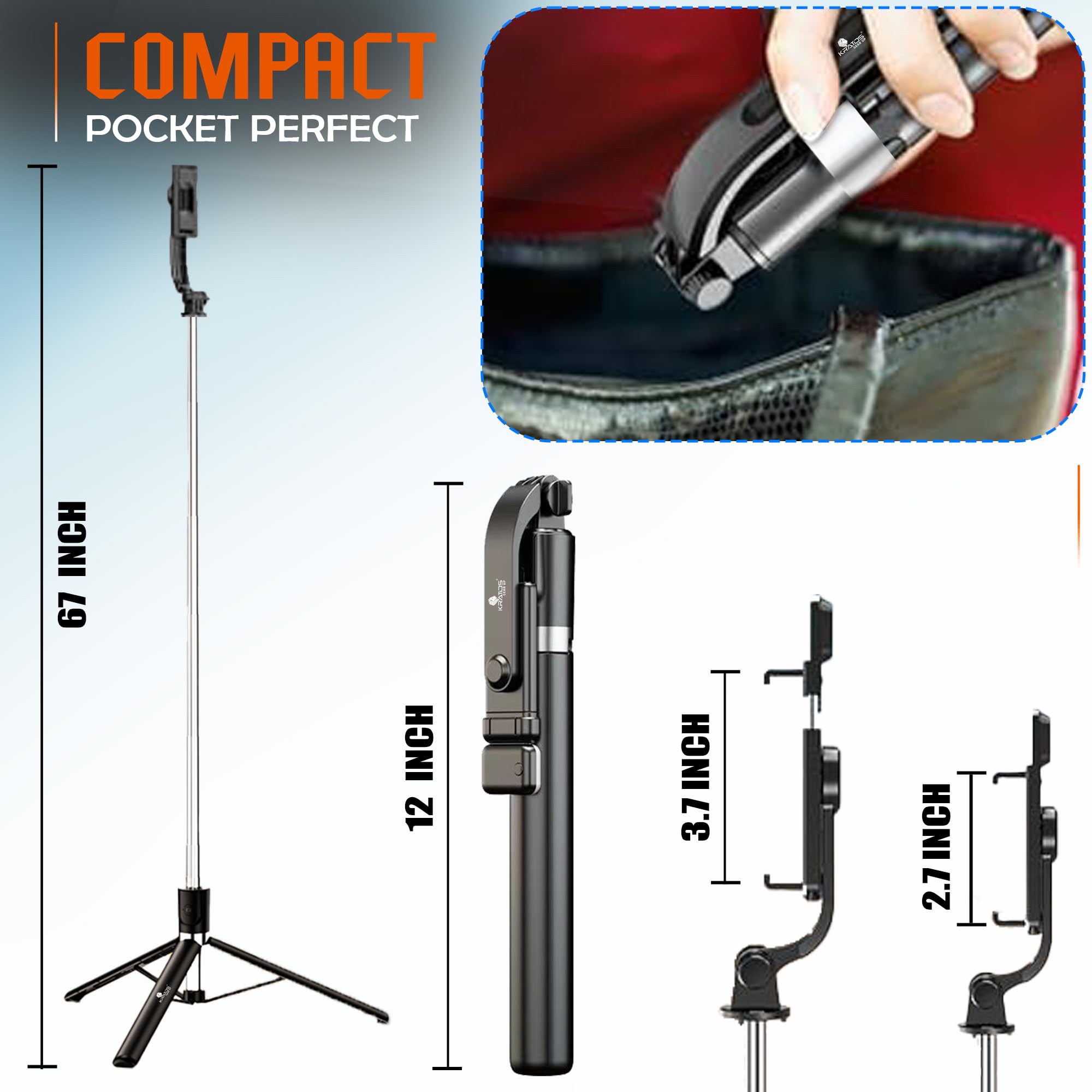 Kratos K9 Selfie Stick Tripod With Light, 67 inch /170CM Reinforced Tripod for Mobile Phone, Multi-Functional Bluetooth Long Selfie Stick for Travel,Vlogging,Compatible with iPhone and All Smartphones