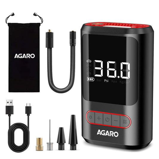 AGARO Galaxy Cordless Tyre inflator, for Cars & Bikes, up to 150 PSI, 2X2000 mAh Battery, Power Bank, LED Flash Light, Rechargeable Type C Port, Digital Display, Multiple Nozzles, Plastic