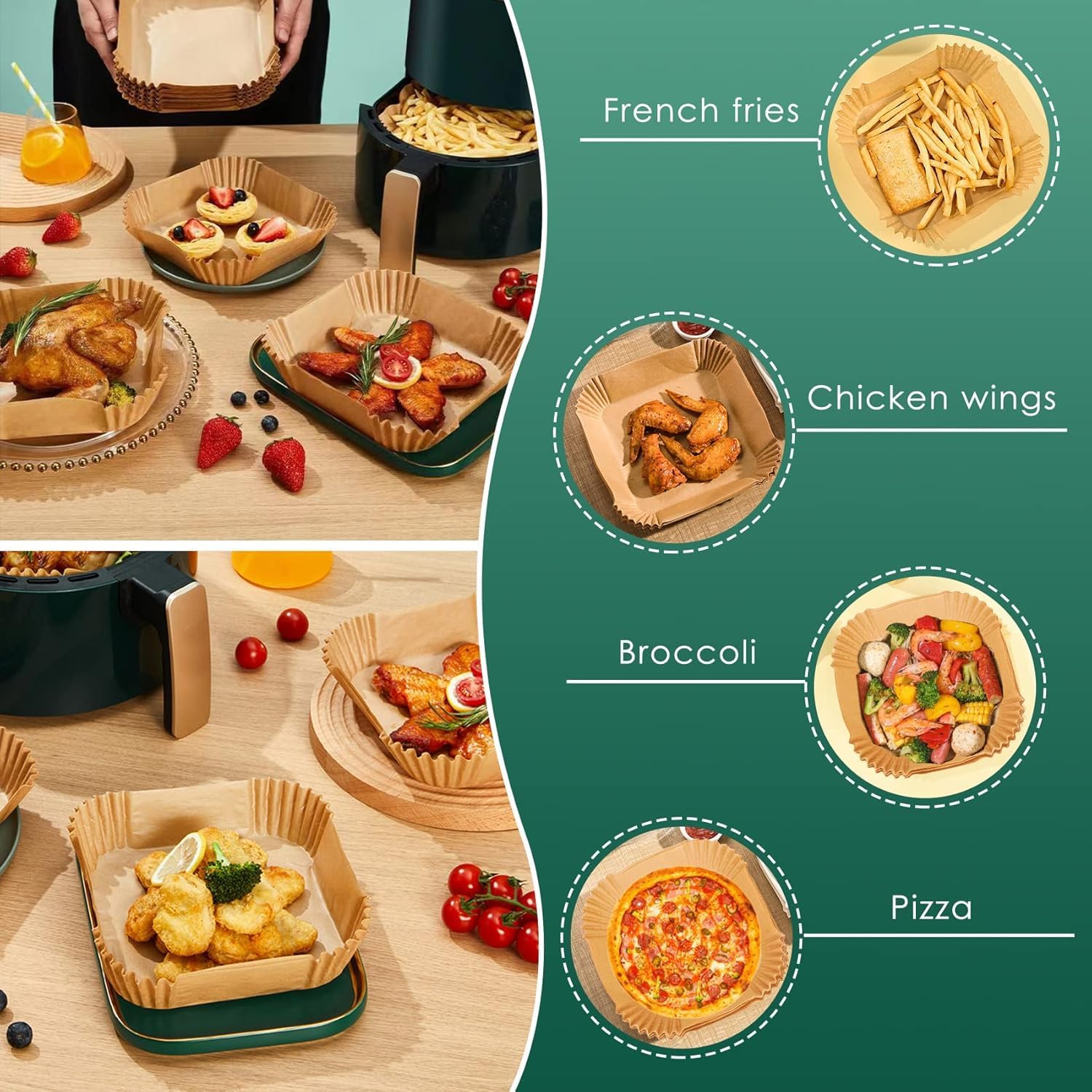 ZELKEY 100 PCS Air Fryer Paper Sheets, Disposable Paper Liner for Microwave, Oil-Proof Air Fryer Parchment Paper for Frying, Baking, Cooking, Roasting and Microwave (Square 8 INCH)