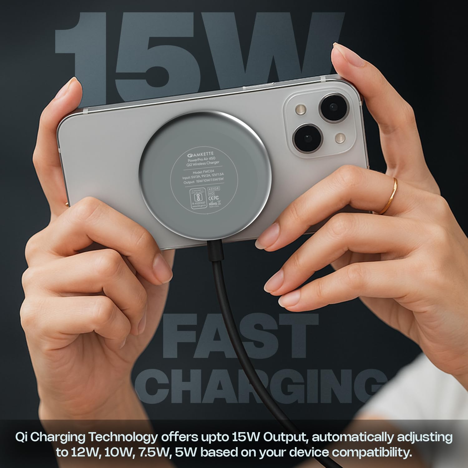 Amkette Air 450 Wireless Charger/Magsafe Charger | Latest Qi Technology 15W Wireless Charging with MagSafe Compatibility| Includes Magnetic Ring for Non-MagSafe Phones | Universal Compatibility