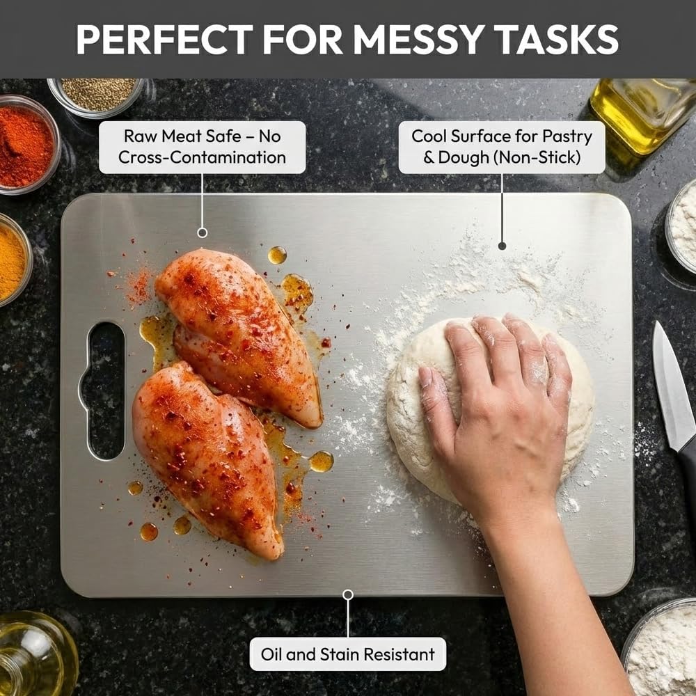 Herrlich Homes Rectangle Stainless Steel Chopping Board | with Steel Straw & Anti-Skid Silicon Pad | for Cutting Vegetables, Meat, Fish, Fruits | Chopping Board for Kitchen | M | 31 x 21 cm