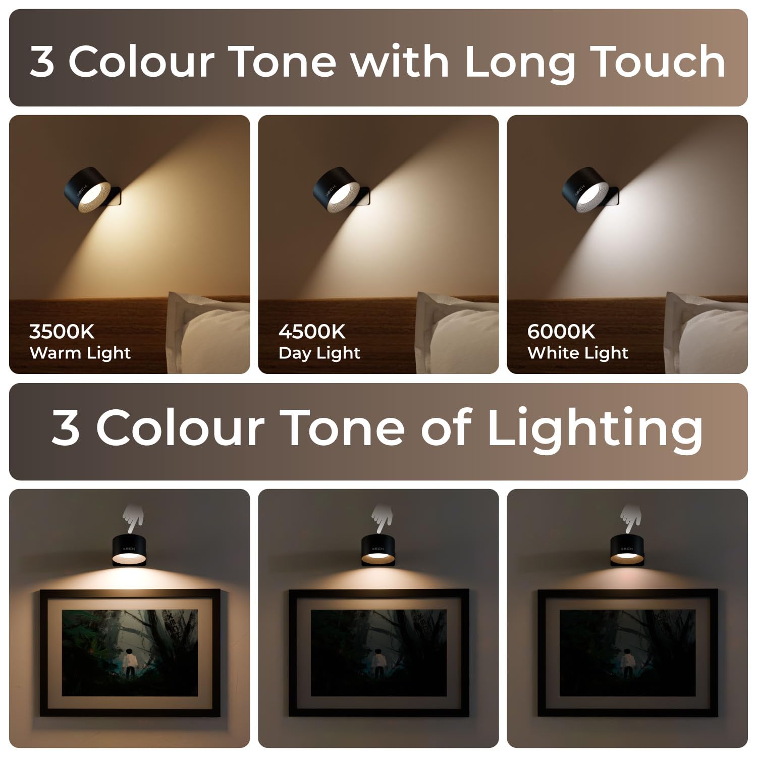 Xech Rechargeable Magnetic Wall Light | Stick-On or Screw Mount | Touch Control LED Lamp | 3 Brightness Levels | USB-C Warm White Light | Rotatable Detachable Head (Magmount) (Black)