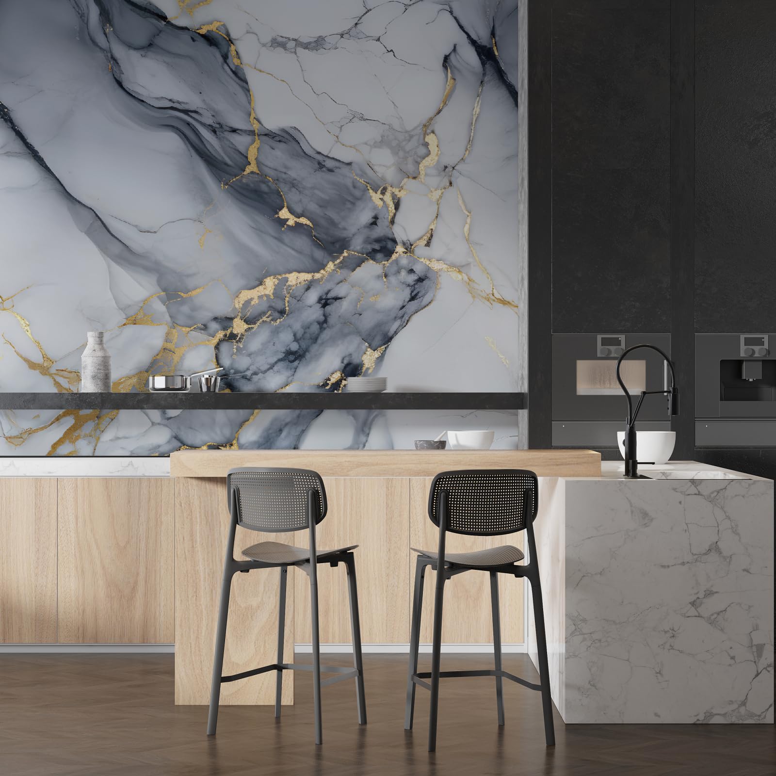 Barebeauty 60CM X 200CM Kitchen Wallpaper Oil Proof,Waterproof self-Adhesive Wall Stickers for Kitchen Anti-Mold and Heat Resistant Aluminium Backsplash Wallpaper (Black) (96)