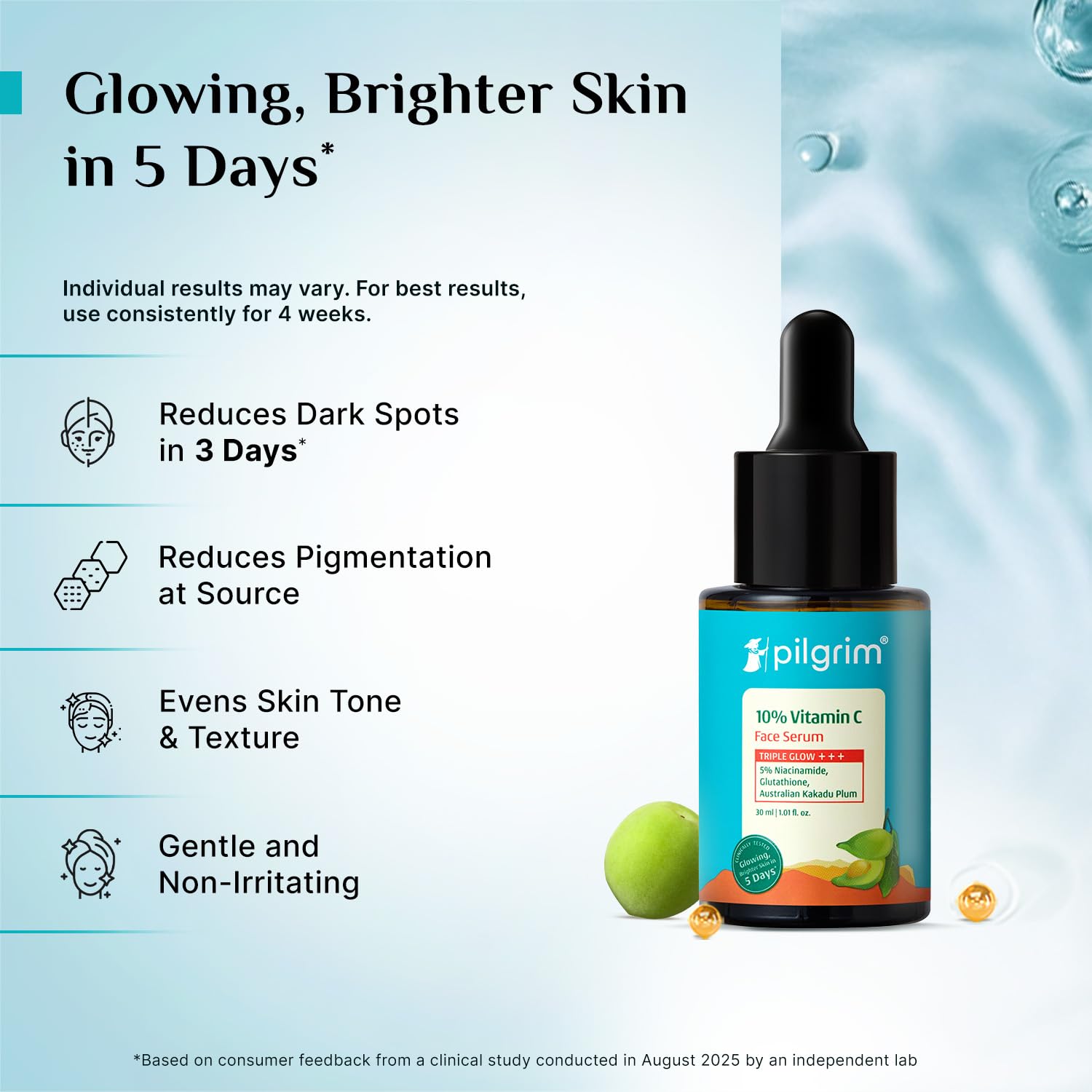 Pilgrim 10% Vitamin C Serum 30ml for Glowing Skin|With 5% Niacinamide, Hyaluronic & Glycolic Acid|Fades Dark Spots, Pigmentation|For All, Oily, Combination, Normal Skin |Beginner Friendly - Men, Women