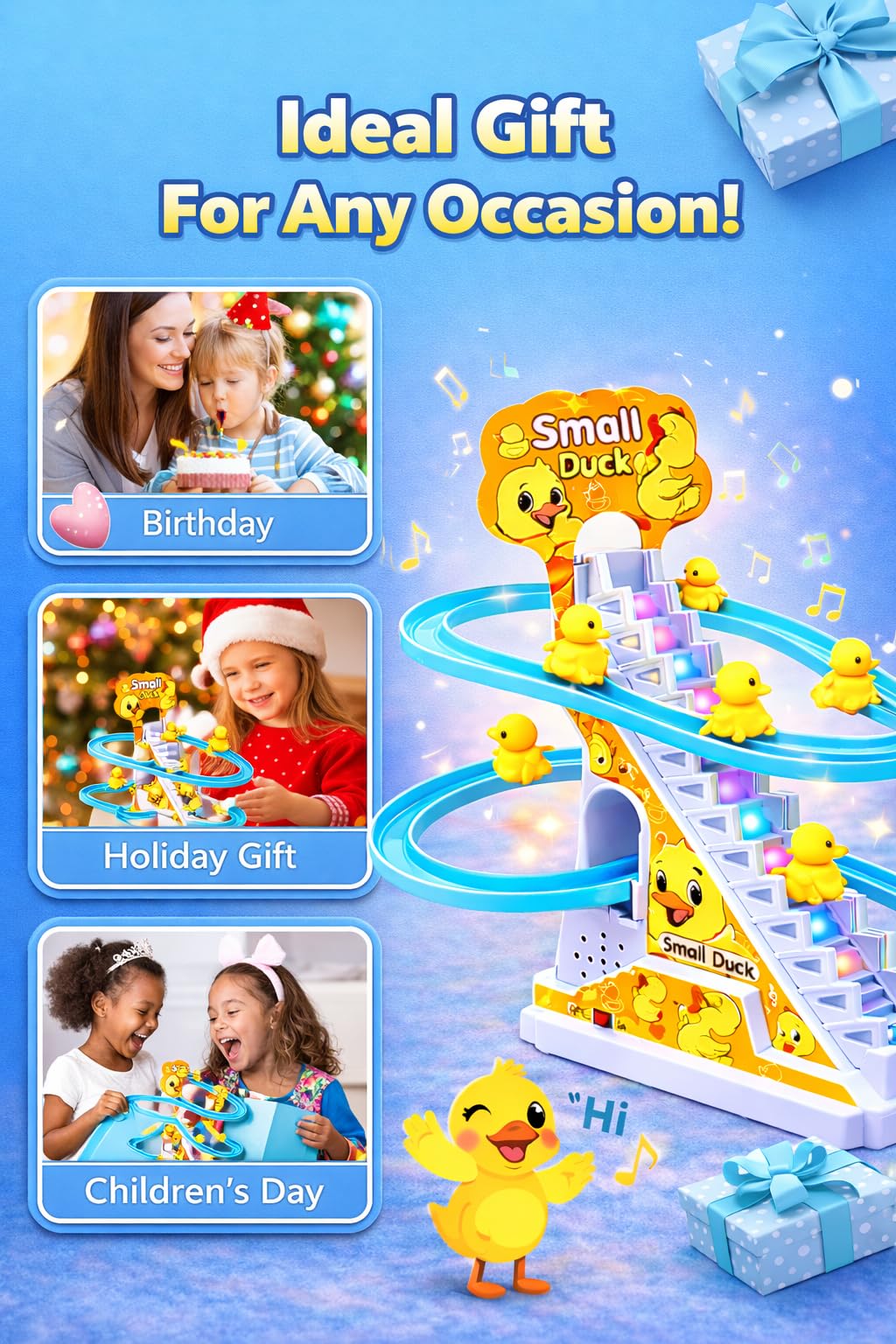 TEC TAVAKKAL Slide Toy Race Duck Track Set, Funny Automatic Stair-Climbing Ducklings Cartoon Roller Coaster Escalator Toy with Flashing Lights & Music