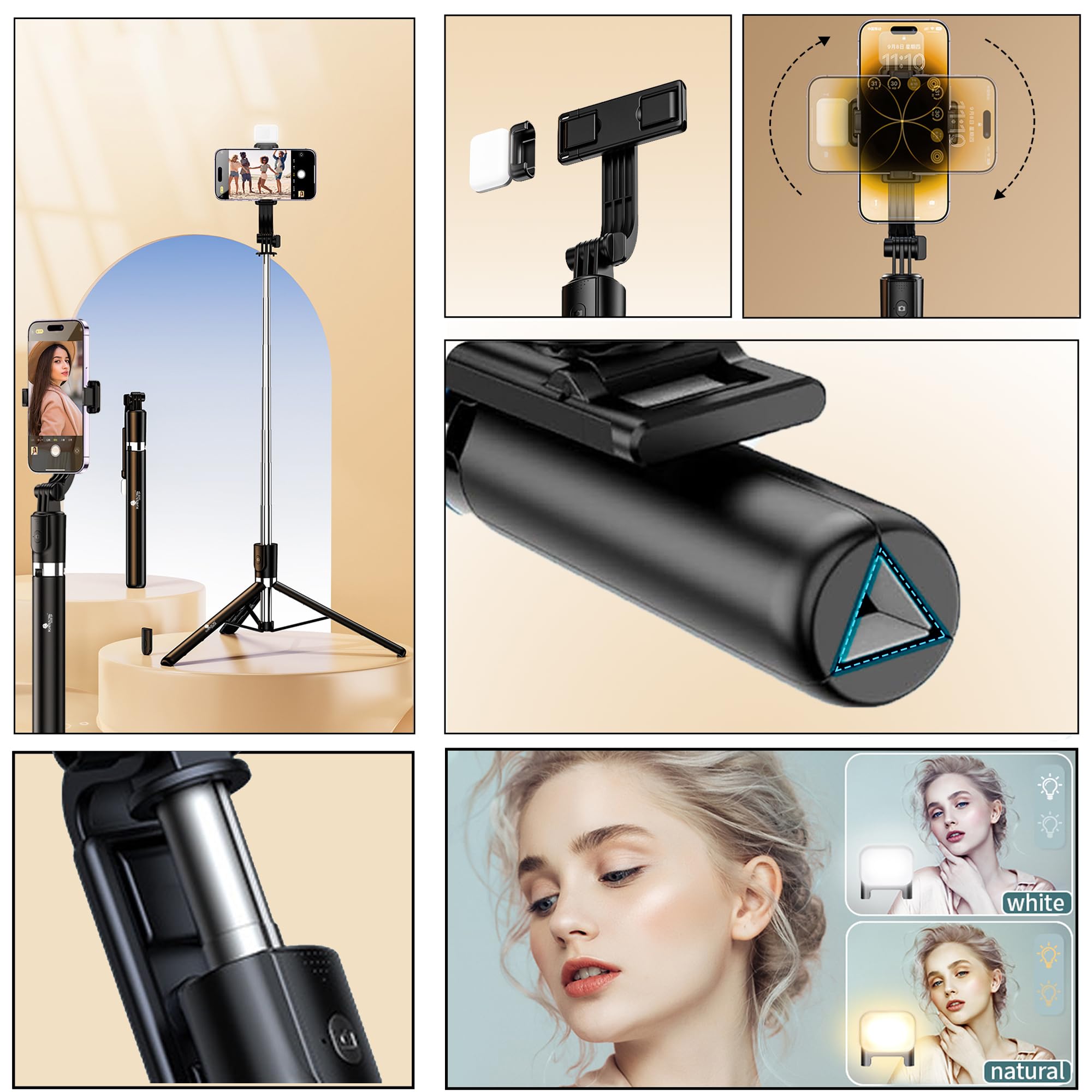 Kratos K9 Selfie Stick Tripod With Light, 67 inch /170CM Reinforced Tripod for Mobile Phone, Multi-Functional Bluetooth Long Selfie Stick for Travel,Vlogging,Compatible with iPhone and All Smartphones