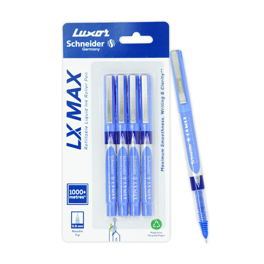 Luxor Schneider, LX MAX roller ball pen, Pack of 4 - Blue, Needle Tip, 0.5mm, 100% German Technology, 1000+ mtrs writing length, Waterproof Ink, Ideal for Students & Professionals