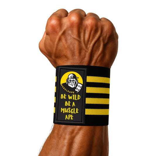 Muscleape Wrist Wraps for Gym | SuperFabric Strength Support Straps for Heavy Lifting, CrossFit & Powerlifting | Adjustable Compression Wrist Support for atheletes– Superb Workout Wrist Stability & Protection. (Bumblebee, 14 Inche)