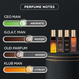 Bella Vita Luxury Long Lasting Men Gift Set | Perfume for Man | Gift for Man | 4x20ml | Woody, Citrusy, Oud Premium Fragrance | KLUB, OUD, CEO, G.O.A.T