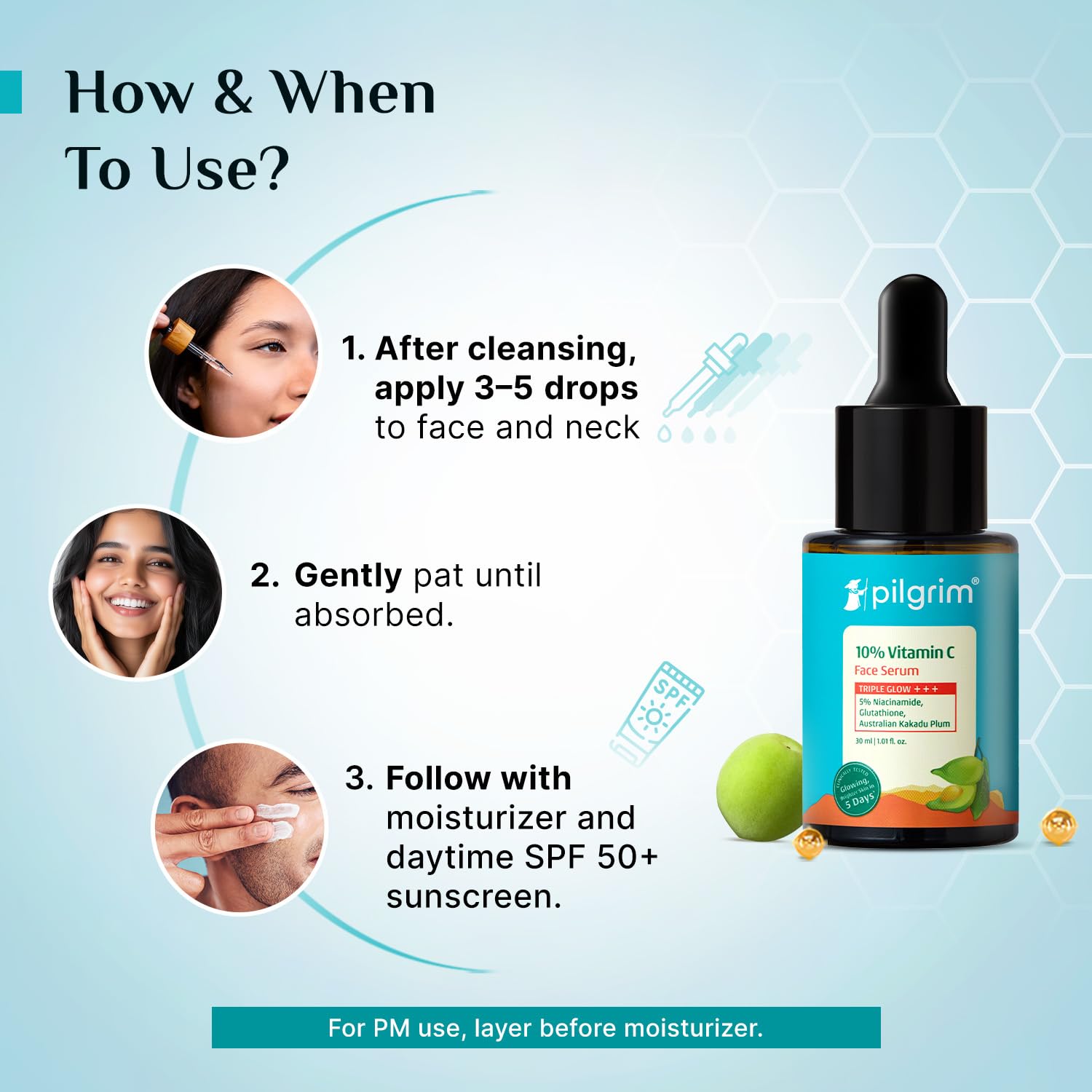 Pilgrim 10% Vitamin C Serum 30ml for Glowing Skin|With 5% Niacinamide, Hyaluronic & Glycolic Acid|Fades Dark Spots, Pigmentation|For All, Oily, Combination, Normal Skin |Beginner Friendly - Men, Women