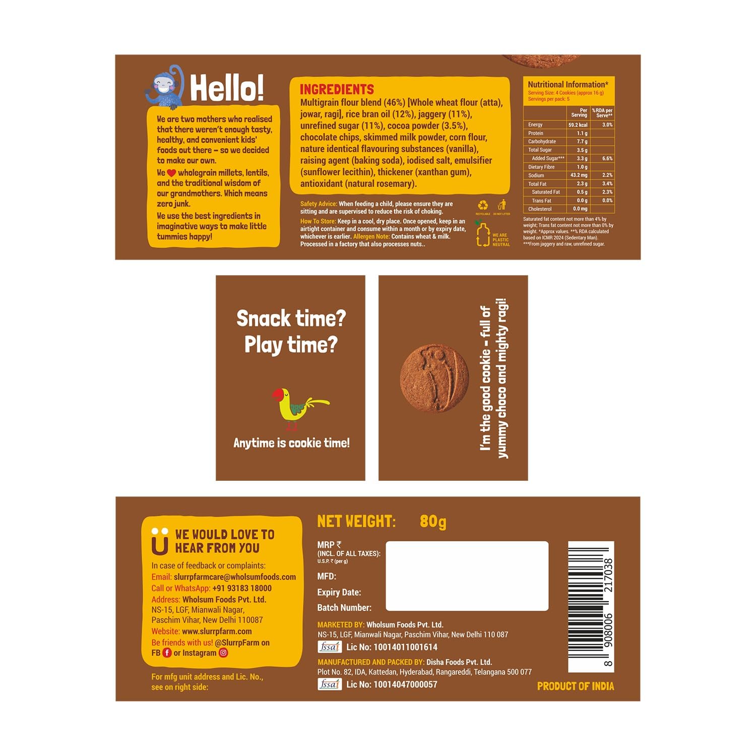 Slurrp Farm No Maida No Refined Sugar Assorted Pack of Cookies | Banana Oat, Choco Ragi and Milky Choco Chip | Healthy Cookies Made With Multigrains | Perfect for tiffins, travel or snack time | Pack of 3 x 80g