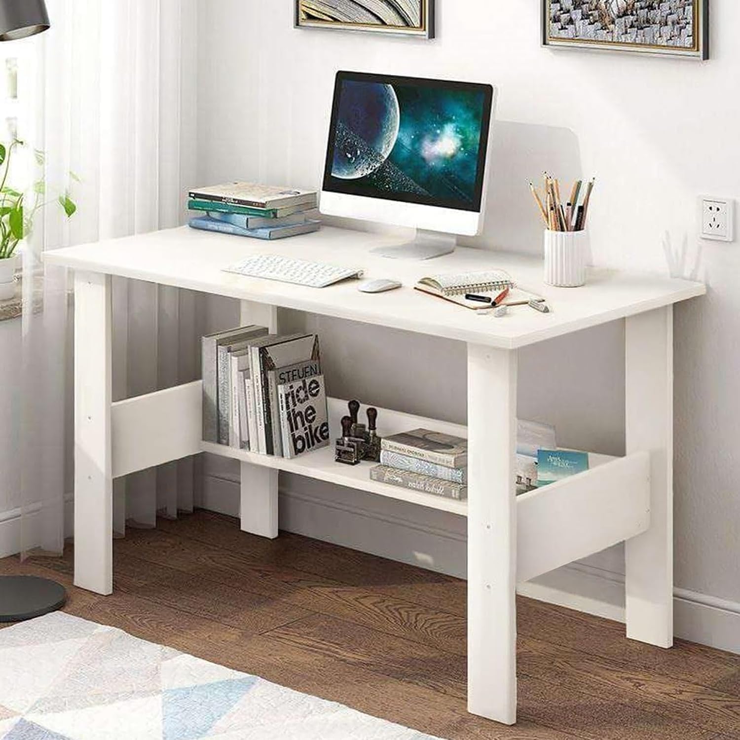 Callas Engineered Wood Computer Desk with Shelf – Modern Laptop Study Table for Home Office, Workstation & Writing Desk for Students and Professionals (ST-09-White)