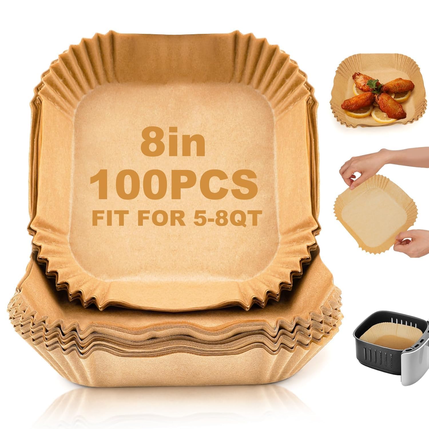 ZELKEY 100 PCS Air Fryer Paper Sheets, Disposable Paper Liner for Microwave, Oil-Proof Air Fryer Parchment Paper for Frying, Baking, Cooking, Roasting and Microwave (Square 8 INCH)