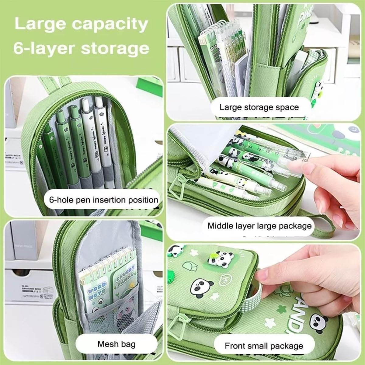 Supreme Deals Umadiya® Panda Pencil Case 6 Layer with 3 Compartment Cute Aesthetic Pencil Case for Boys & Girls Large Capacity Pencil Pouch for School Kids (Black Panda Pencil CASE)