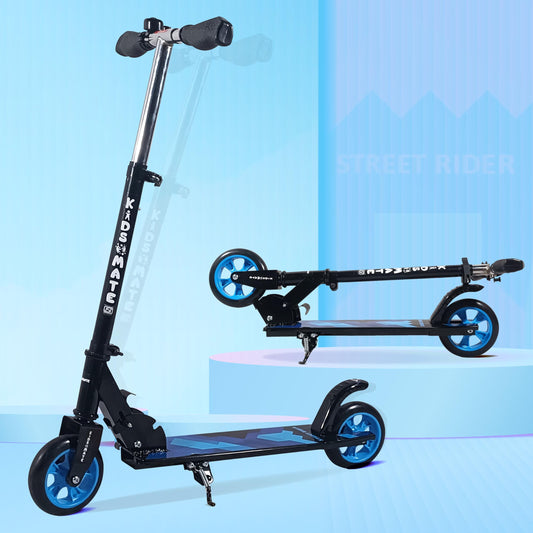 Kidsmate Street Rider Metal Kick Scooter for Kids of Ages 6-13 Years | 2 Wheel Scooter, Foldable Design, 3 Adjustable Height Option with Rear Braking | Max User Weight 50kg - (Blue)