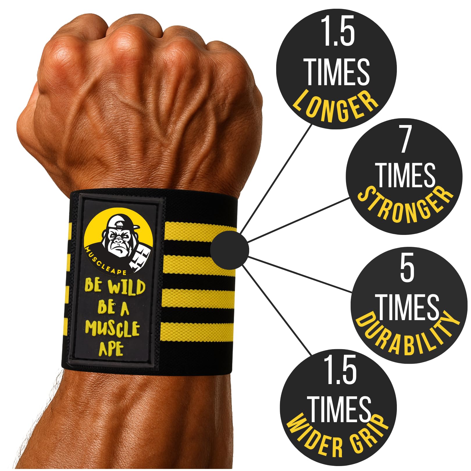 Muscleape Wrist Wraps for Gym | SuperFabric Strength Support Straps for Heavy Lifting, CrossFit & Powerlifting | Adjustable Compression Wrist Support for atheletes– Superb Workout Wrist Stability & Protection. (Bumblebee, 14 Inche)