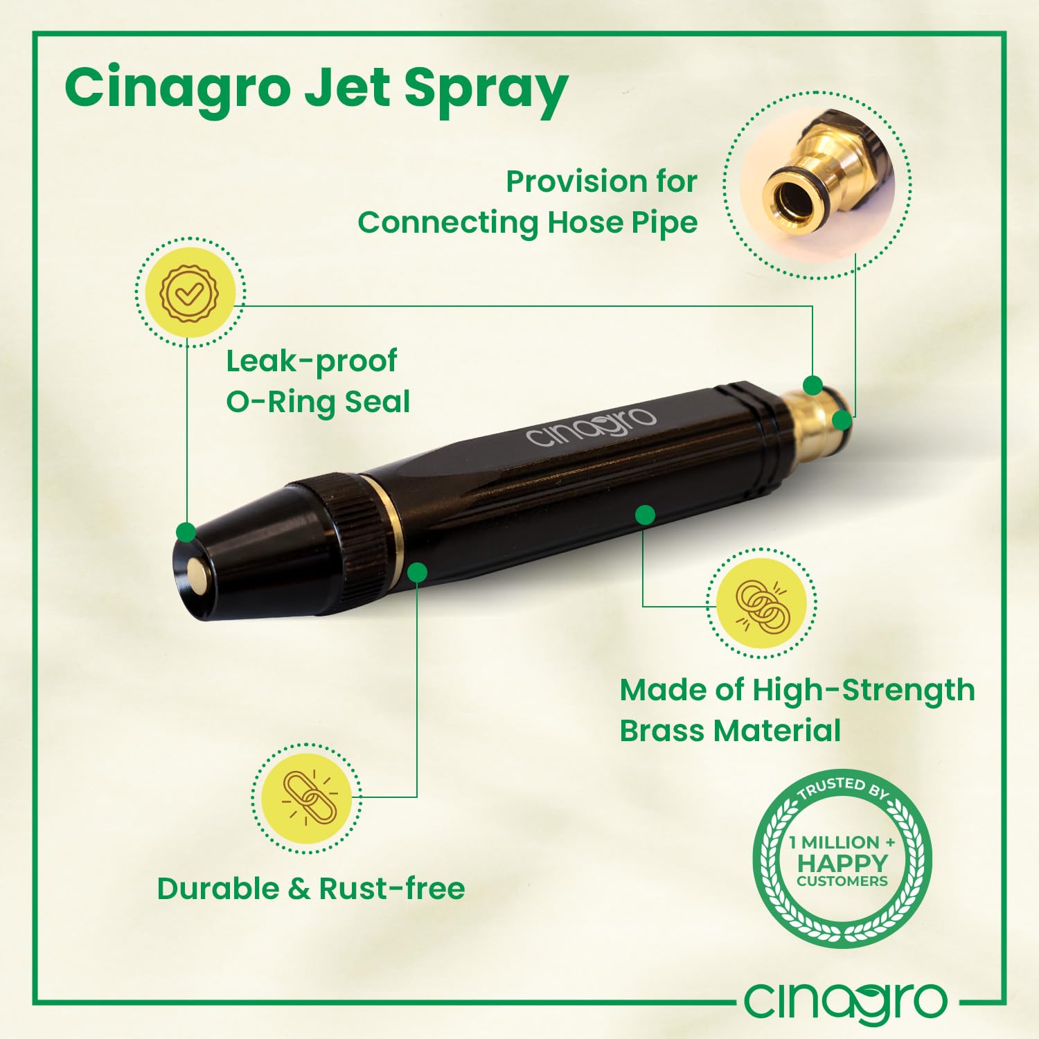 Cinagro Brass Spray Gun for 1/2 Inch Hose Pipe, Gardening, Car Wash, Bike Washing, High Pressure Water Sprayer Jet, Adjustable Washing Nozzle for Garden Hoses, Lawn Watering & Cleaning, 18 x 2.7 cm