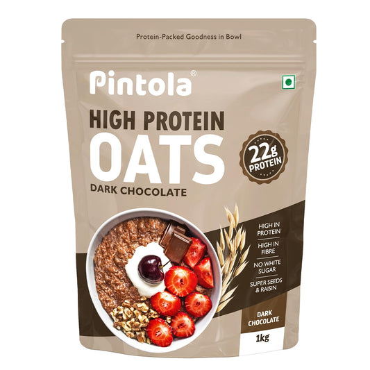 PINTOLA 25g High Protein Oats 1kg, Dark Chocolate,No Refined Sugar, with Almonds Raisin, Pumpkin and Chia Seeds, 8g Fibre, Rolled Oats for weight loss, Breakfast Cereals | Gluten Free