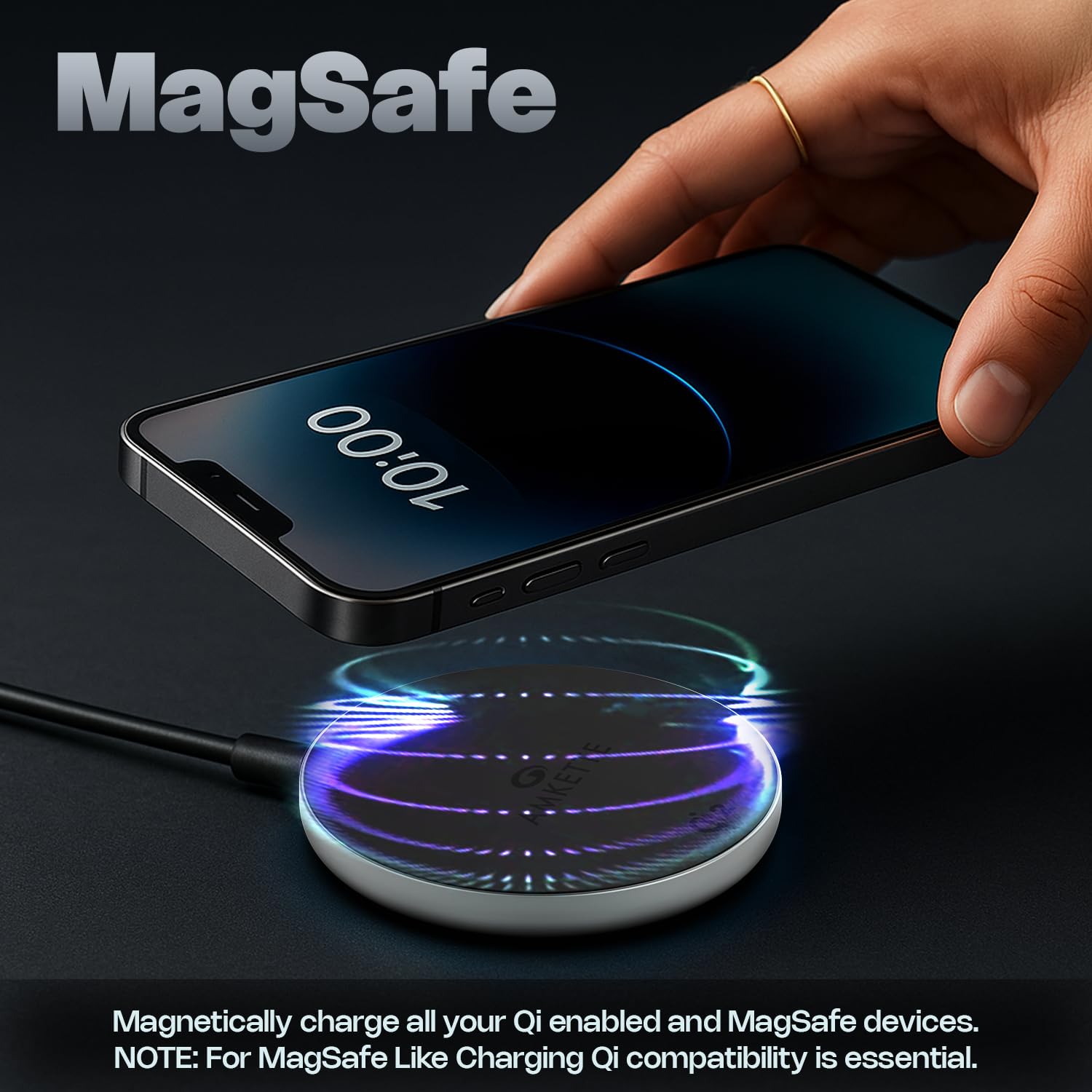 Amkette Air 450 Wireless Charger/Magsafe Charger | Latest Qi Technology 15W Wireless Charging with MagSafe Compatibility| Includes Magnetic Ring for Non-MagSafe Phones | Universal Compatibility