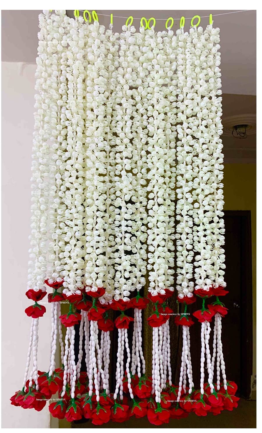 Sphinx Artificial Jasmine Buds (Mogra)& Clustered Rose Strings for Festive Pooja Wedding Housewarming Decorations Approx 2.5 ft - Number of Strings- (Red, 6)