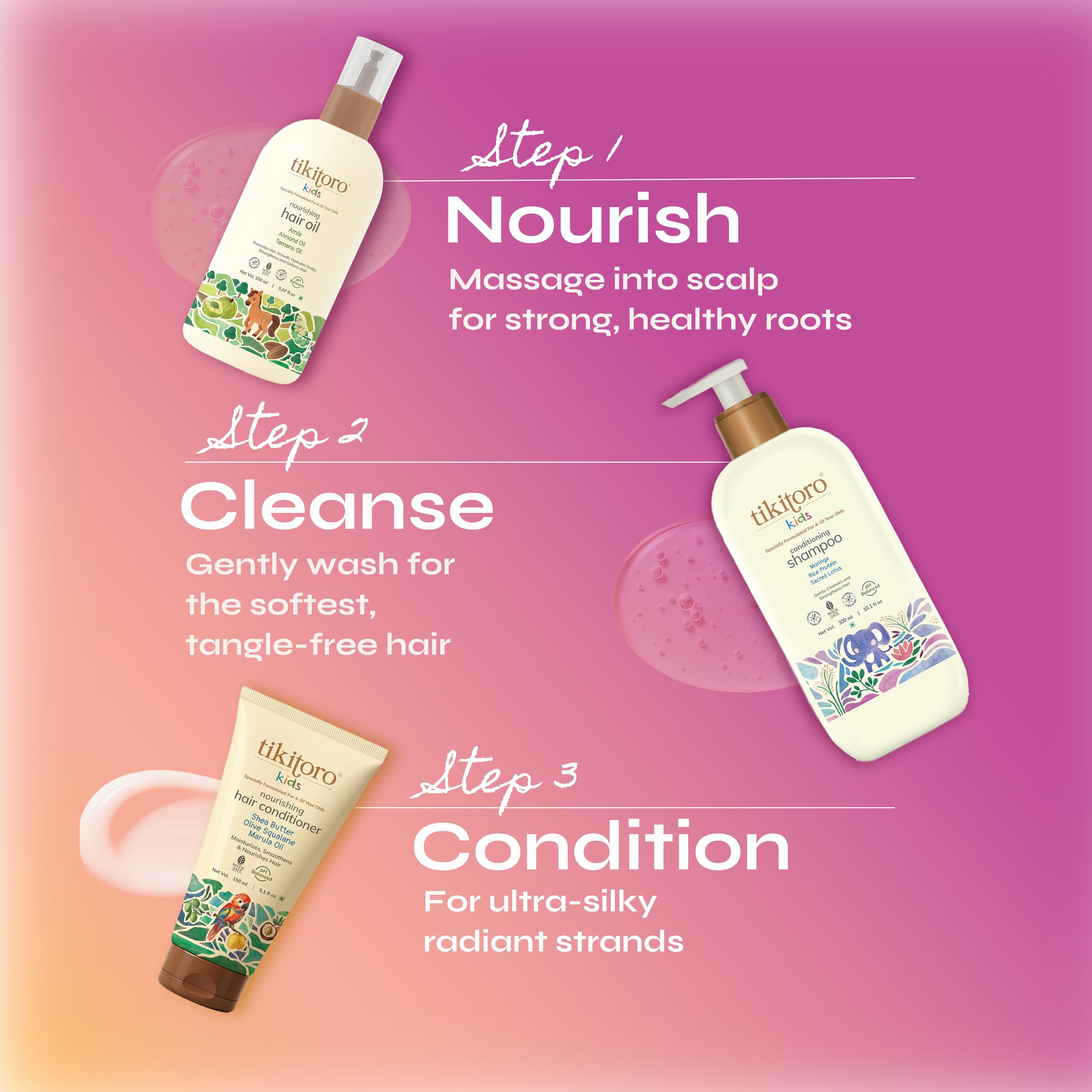 Tikitoro Kids Conditioning Shampoo for 4-10 years | pH 5.5 & Allergen-Free | Moringa, Rice Protein, Sacred Lotus Extract | No Parabens or Sulfates | 100% Vegan (300ml x 1)