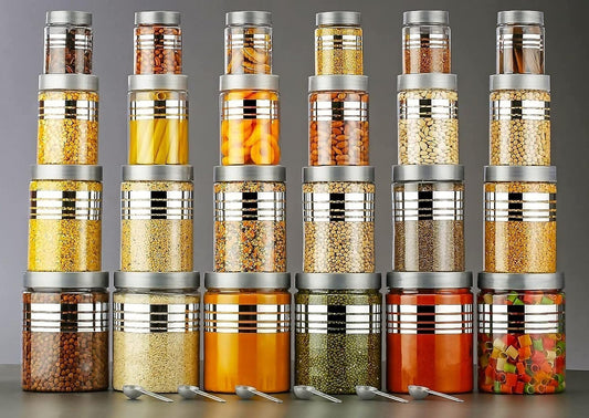 E-COSMOS® Durable 24-Piece Airtight Kitchen Storage Containers - Clear Plastic Set with Free Spoons in Various Sizes (1200ml, 650ml, 350ml, 250ml) Pack Of, Clear (Pack Of 24)