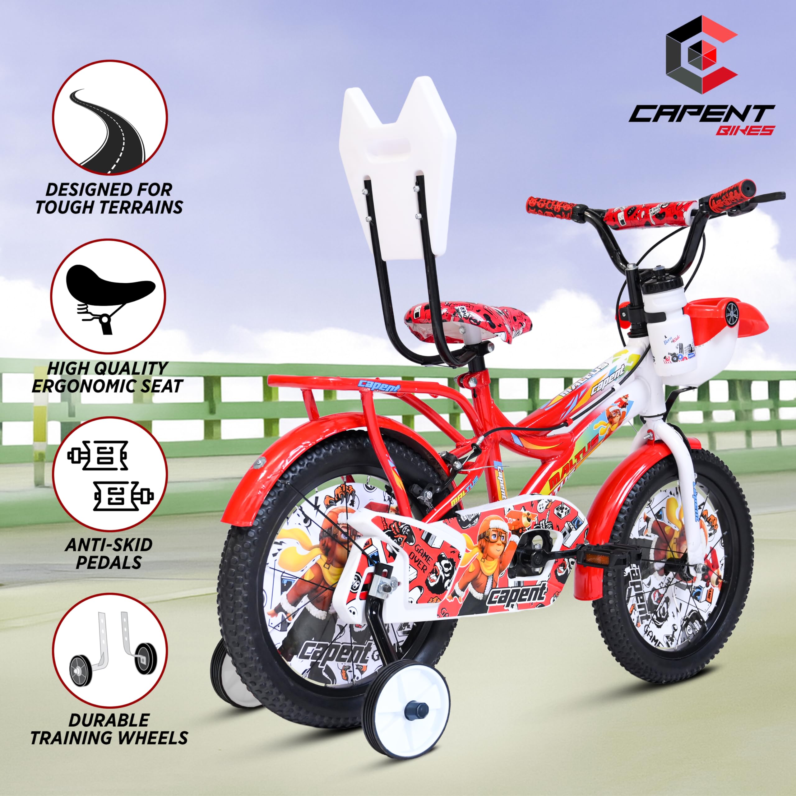 CAPENT Maltus Cycle for Kids Boys/Girls with Balance Wheel & Back Carrier | Rigid Fork | Frame 11 Inch | Ideal for 4 to 6 Years Kids Road BMX Bike