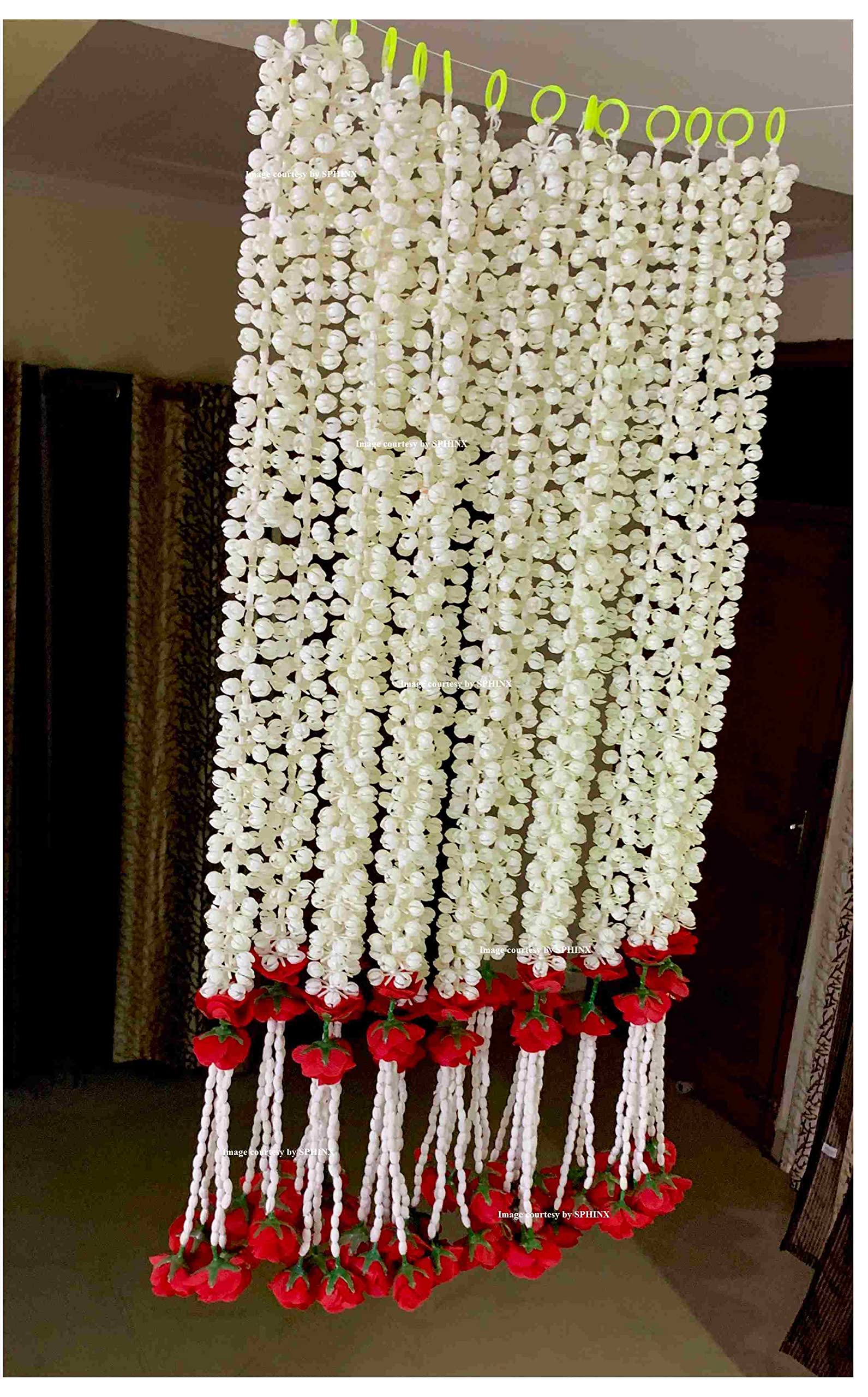 Sphinx Artificial Jasmine Buds (Mogra)& Clustered Rose Strings for Festive Pooja Wedding Housewarming Decorations Approx 2.5 ft - Number of Strings- (Red, 6)