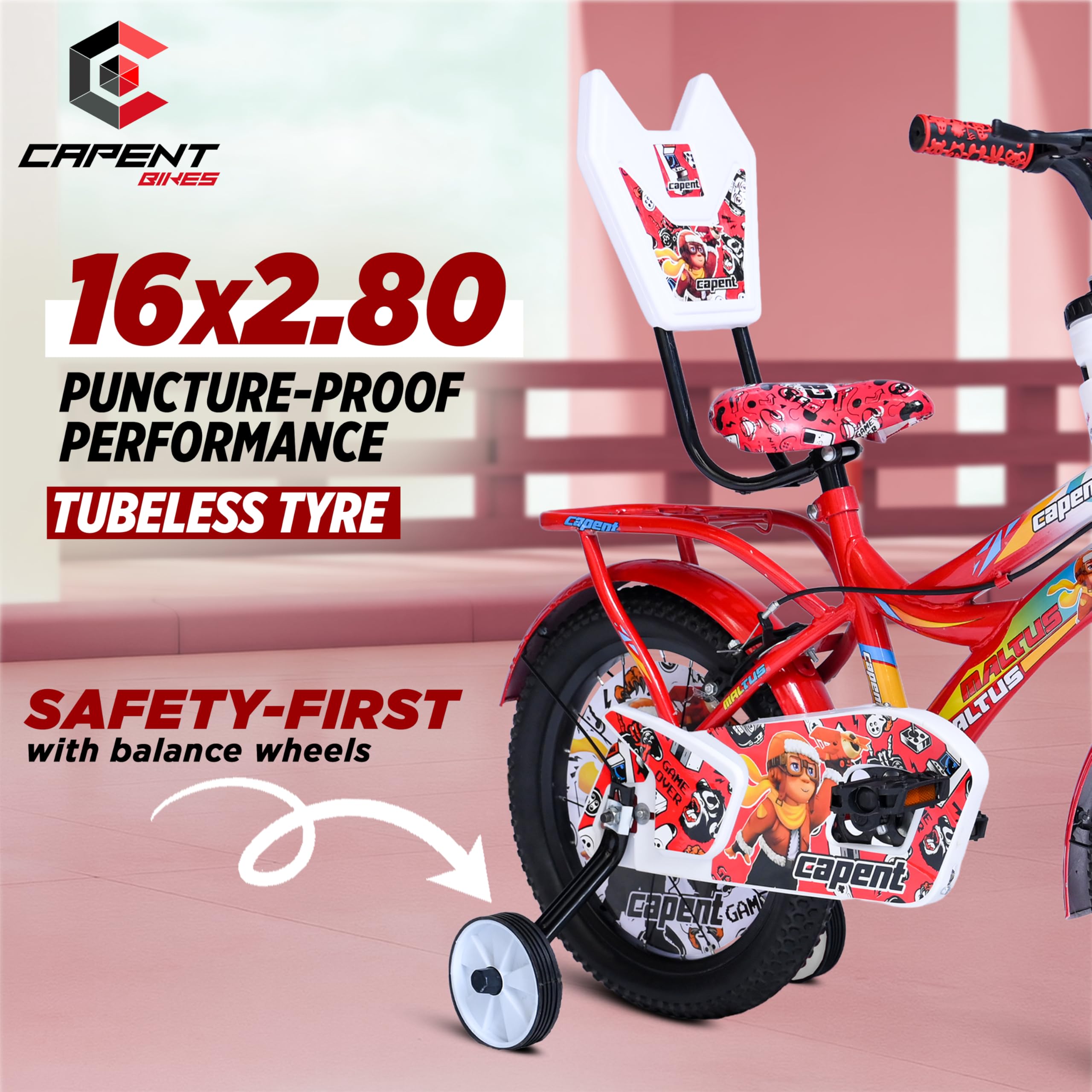 CAPENT Maltus Cycle for Kids Boys/Girls with Balance Wheel & Back Carrier | Rigid Fork | Frame 11 Inch | Ideal for 4 to 6 Years Kids Road BMX Bike