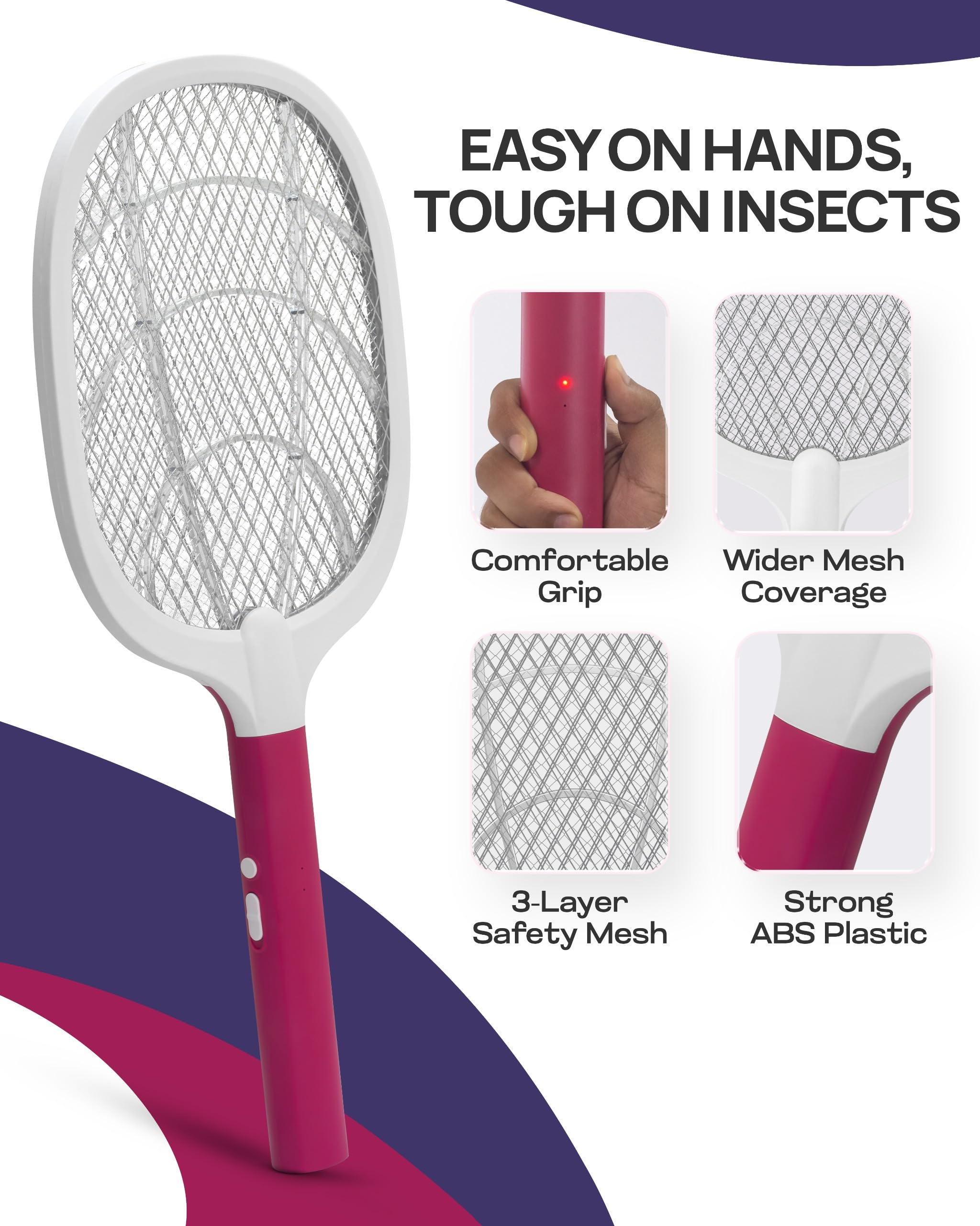 Weird Wolf Heavy Duty Mosquito Racket Bat | Rechargeable Electric Fly Swatter | Mosquito Killer Racquet with Type-C Charging and 6 Months Warranty (Maroon)