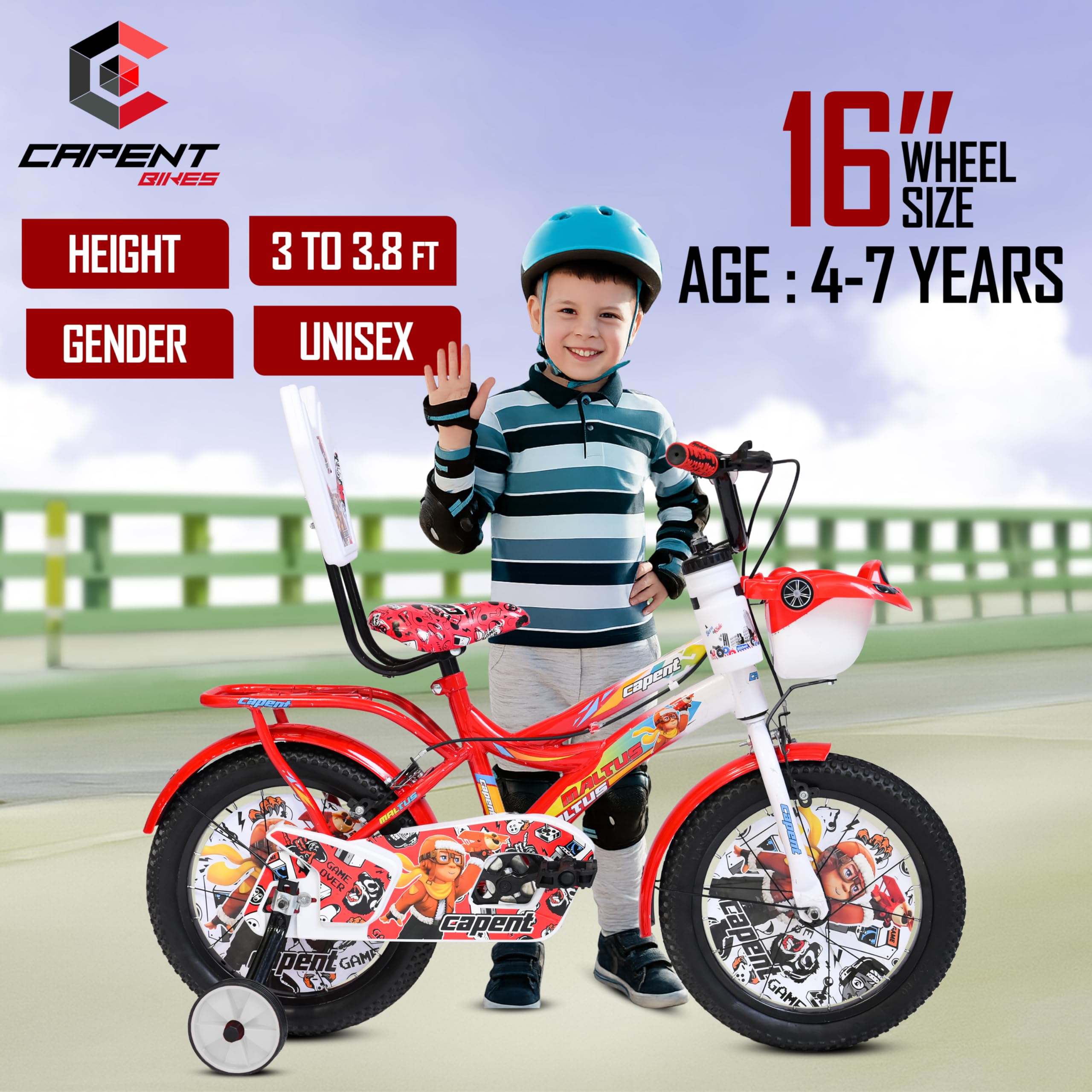 CAPENT Maltus Cycle for Kids Boys/Girls with Balance Wheel & Back Carrier | Rigid Fork | Frame 11 Inch | Ideal for 4 to 6 Years Kids Road BMX Bike