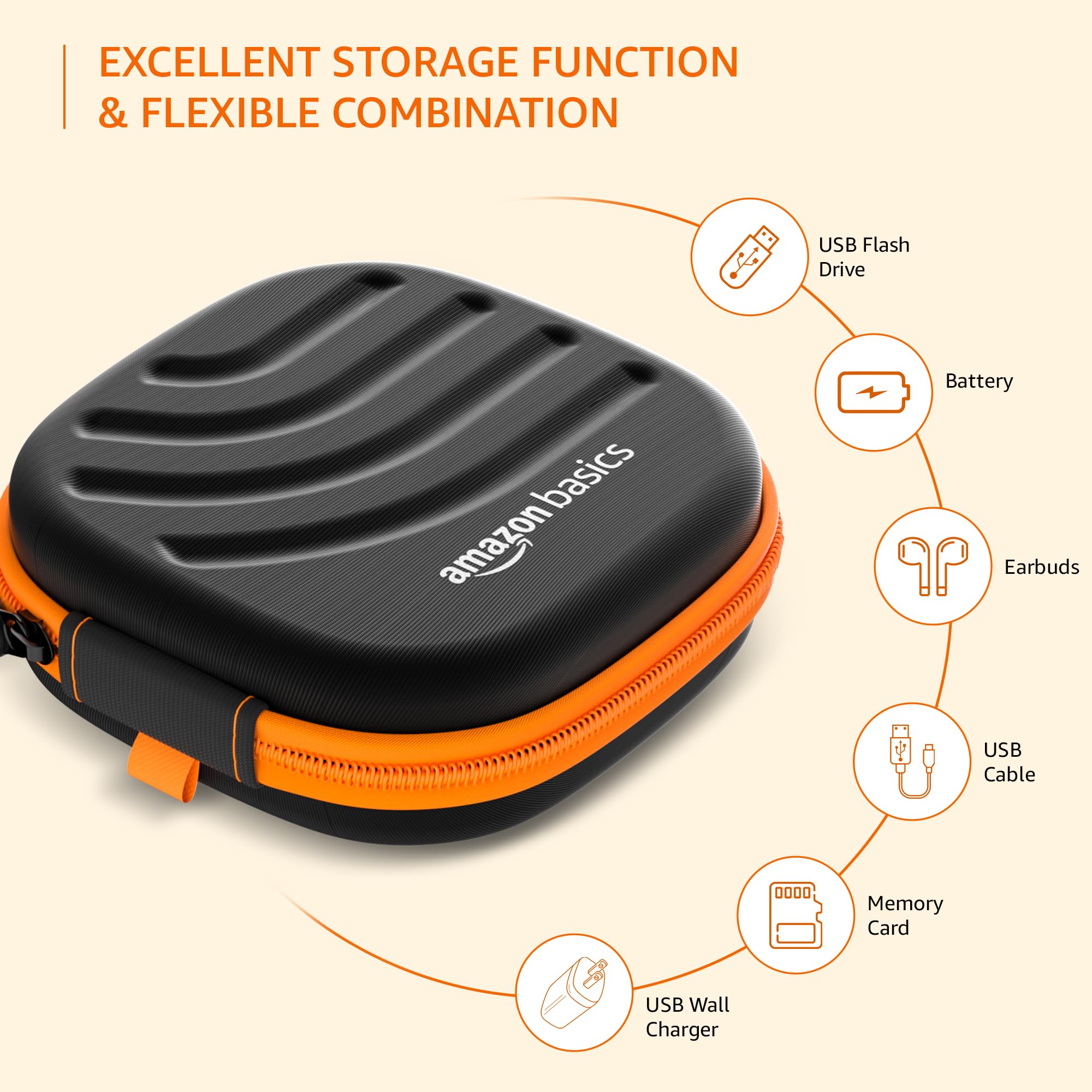 Amazon Basics Earphone Carrying Case - Multi Purpose Pocket Storage with Carabiner Hook, Travel Organizer for Earphones, Pen Drives, Memory Card, Cable (Black)