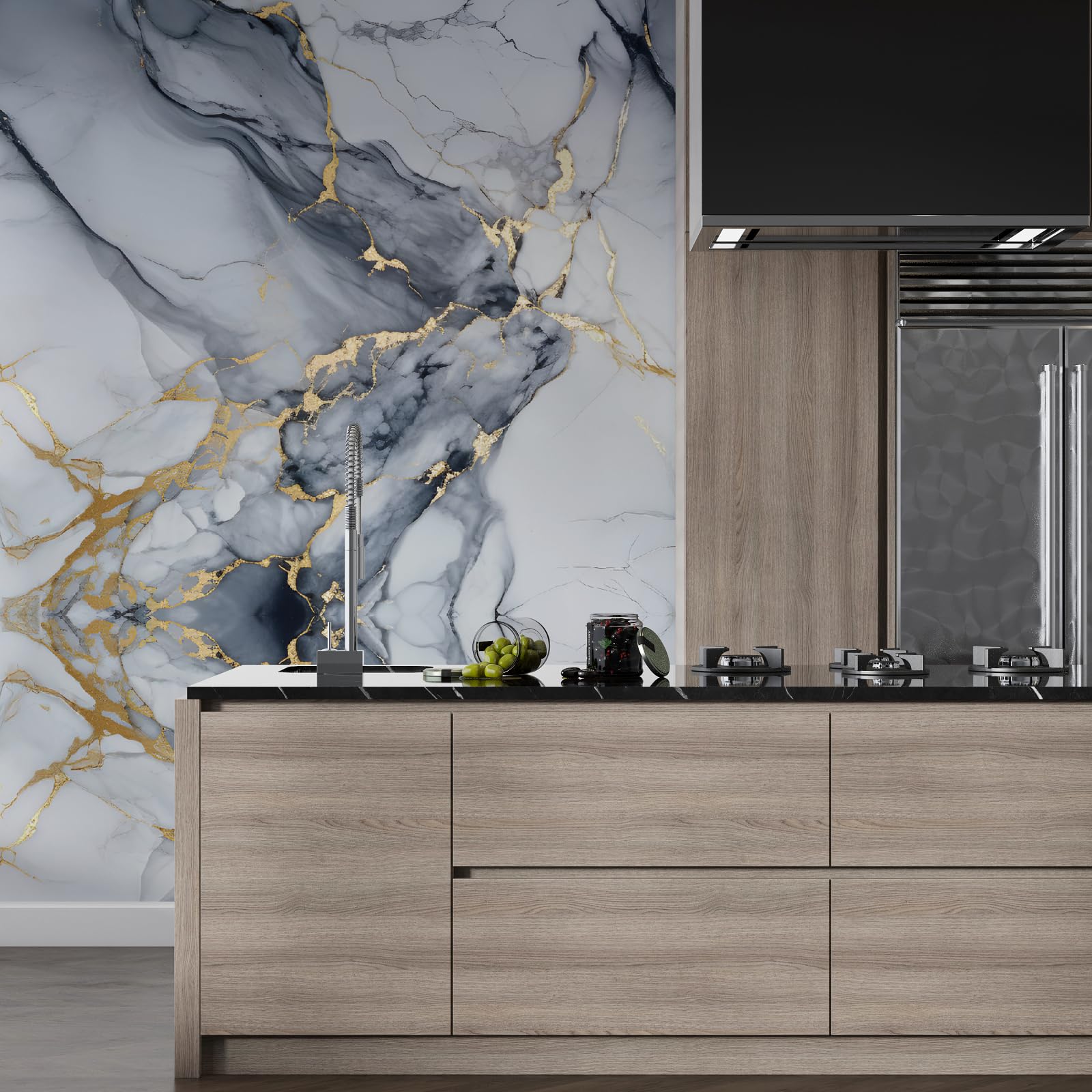 Barebeauty 60CM X 200CM Kitchen Wallpaper Oil Proof,Waterproof self-Adhesive Wall Stickers for Kitchen Anti-Mold and Heat Resistant Aluminium Backsplash Wallpaper (Black) (96)