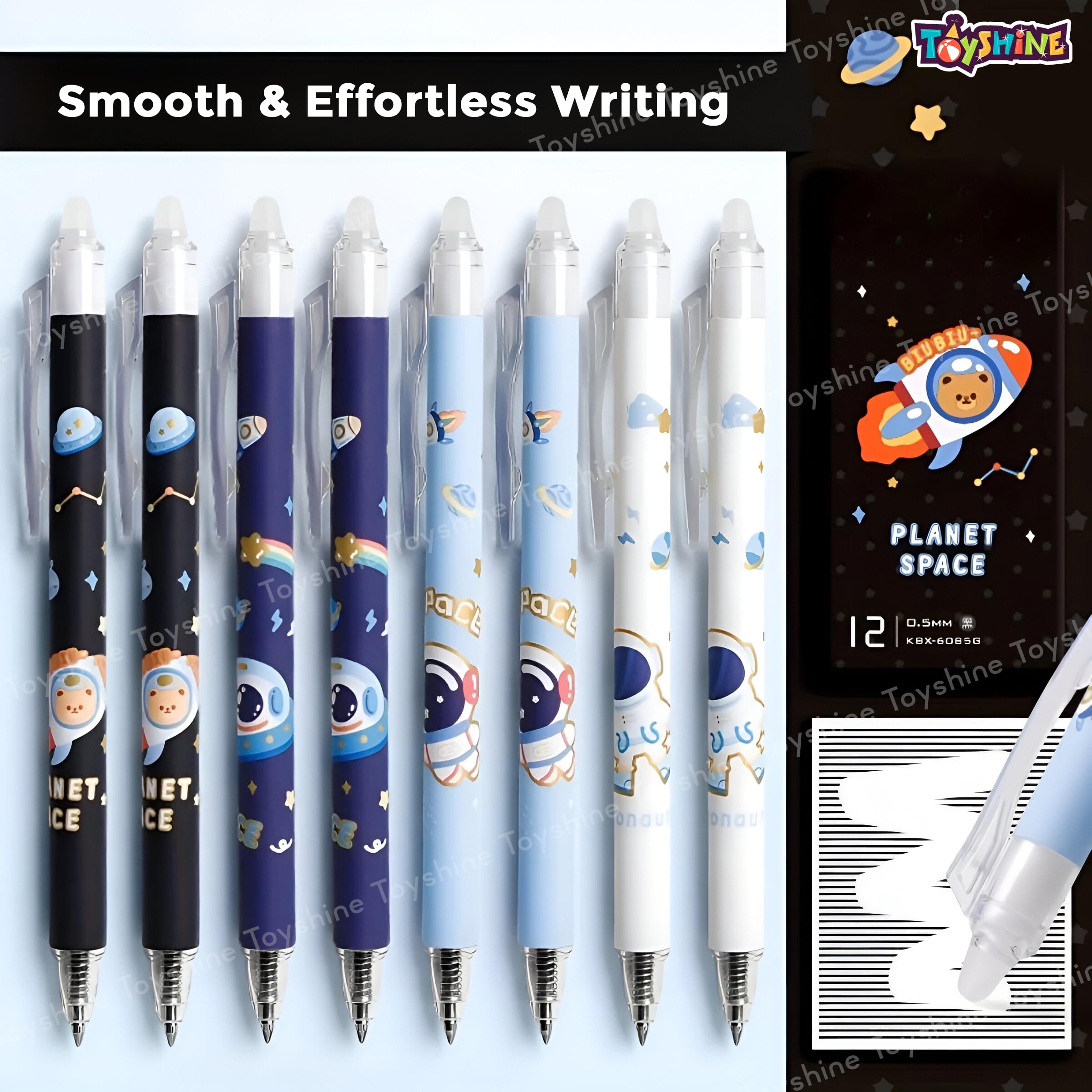 Toyshine 12 Pc Astronaut Theme Stylish Retractable 0.5mm Erasable Gel Pen, Blue Ink | Smooth Writing | Refillable Gel Pen | Kawaii Stationery for Kids Birthday Party Return Gift