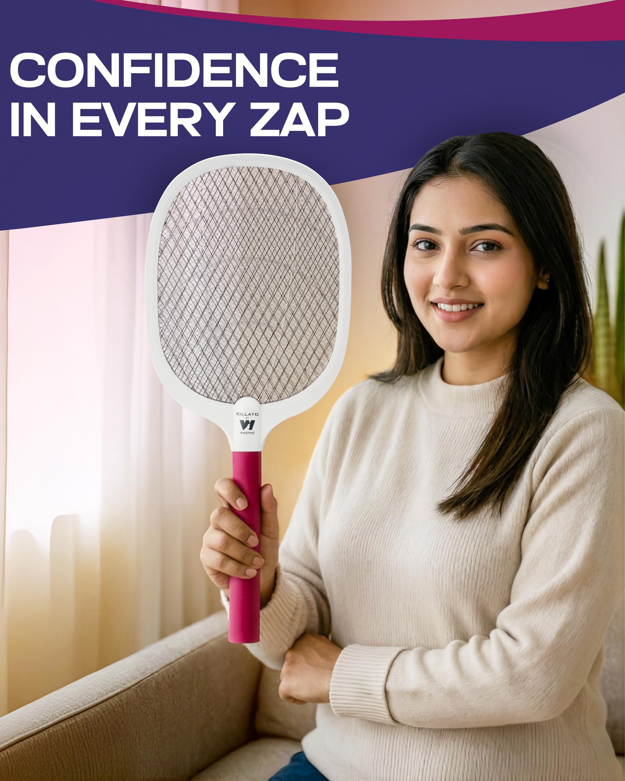 Weird Wolf Heavy Duty Mosquito Racket Bat | Rechargeable Electric Fly Swatter | Mosquito Killer Racquet with Type-C Charging and 6 Months Warranty (Maroon)