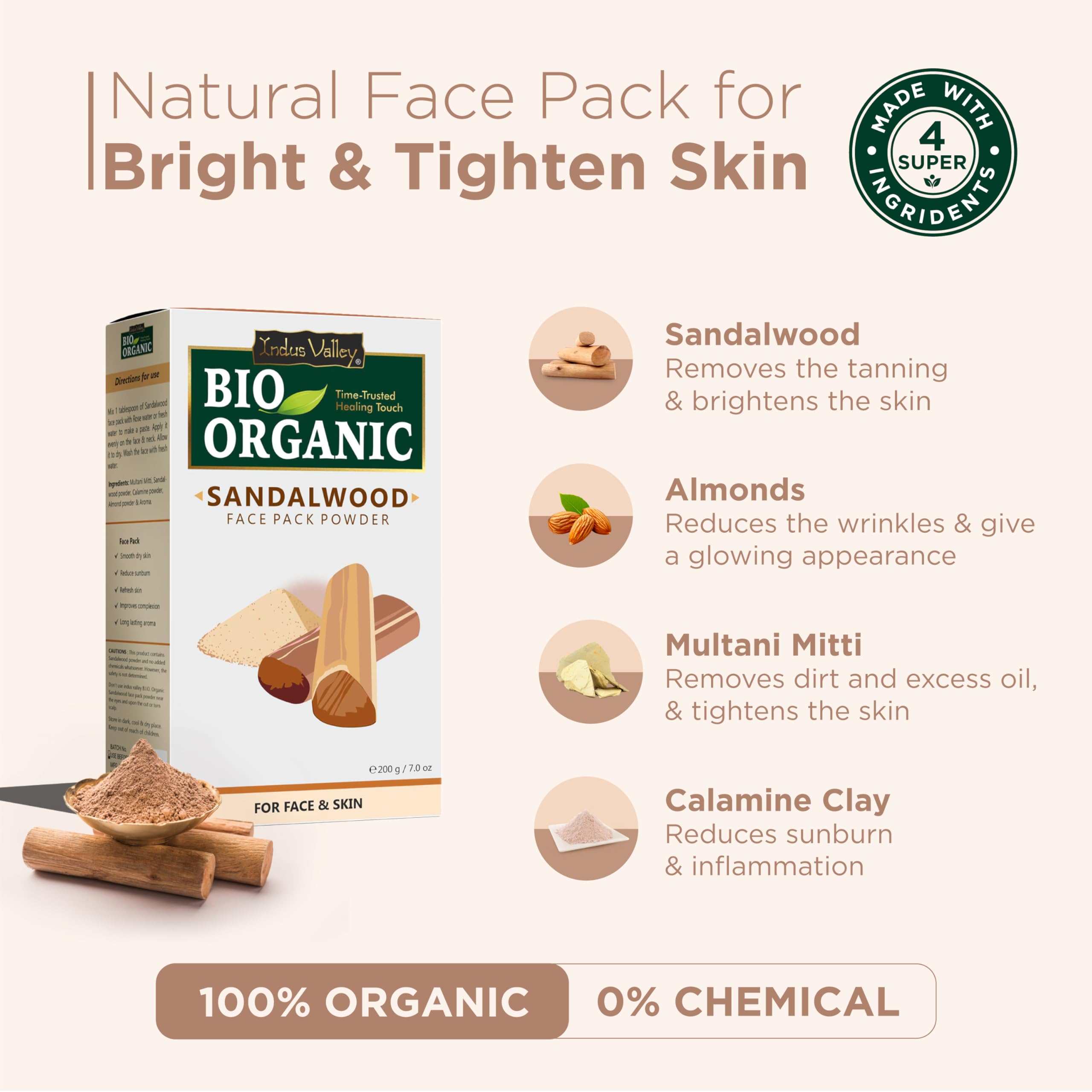 Indus Valley Bio Organic Sandalwood Face Pack Powder Lightens Suntan, Dark Spots & Pigmentation Prevents Acne Breakouts Enriched with Chandan Powder for Glowing Skin & Tan Removal (200g)