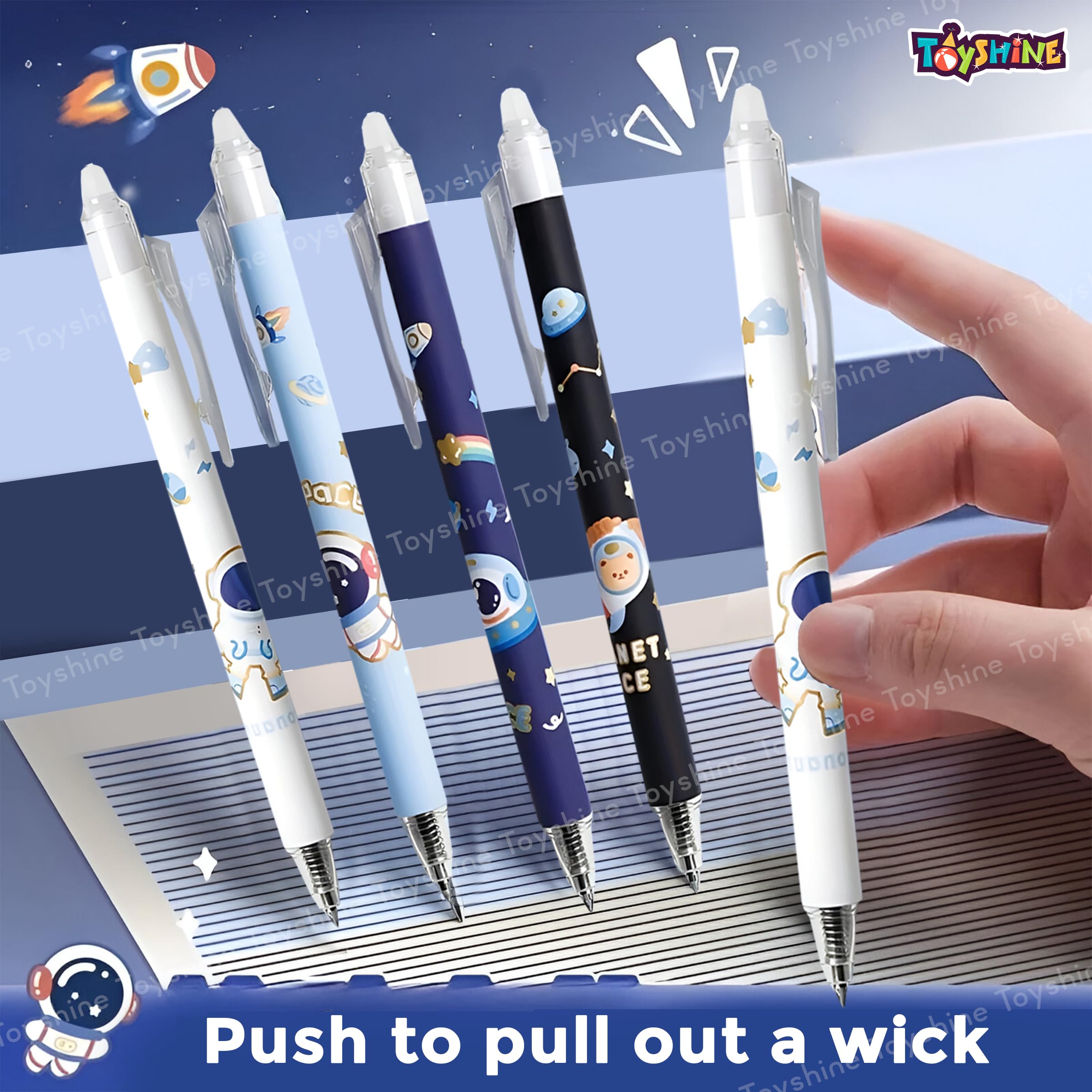 Toyshine 12 Pc Astronaut Theme Stylish Retractable 0.5mm Erasable Gel Pen, Blue Ink | Smooth Writing | Refillable Gel Pen | Kawaii Stationery for Kids Birthday Party Return Gift