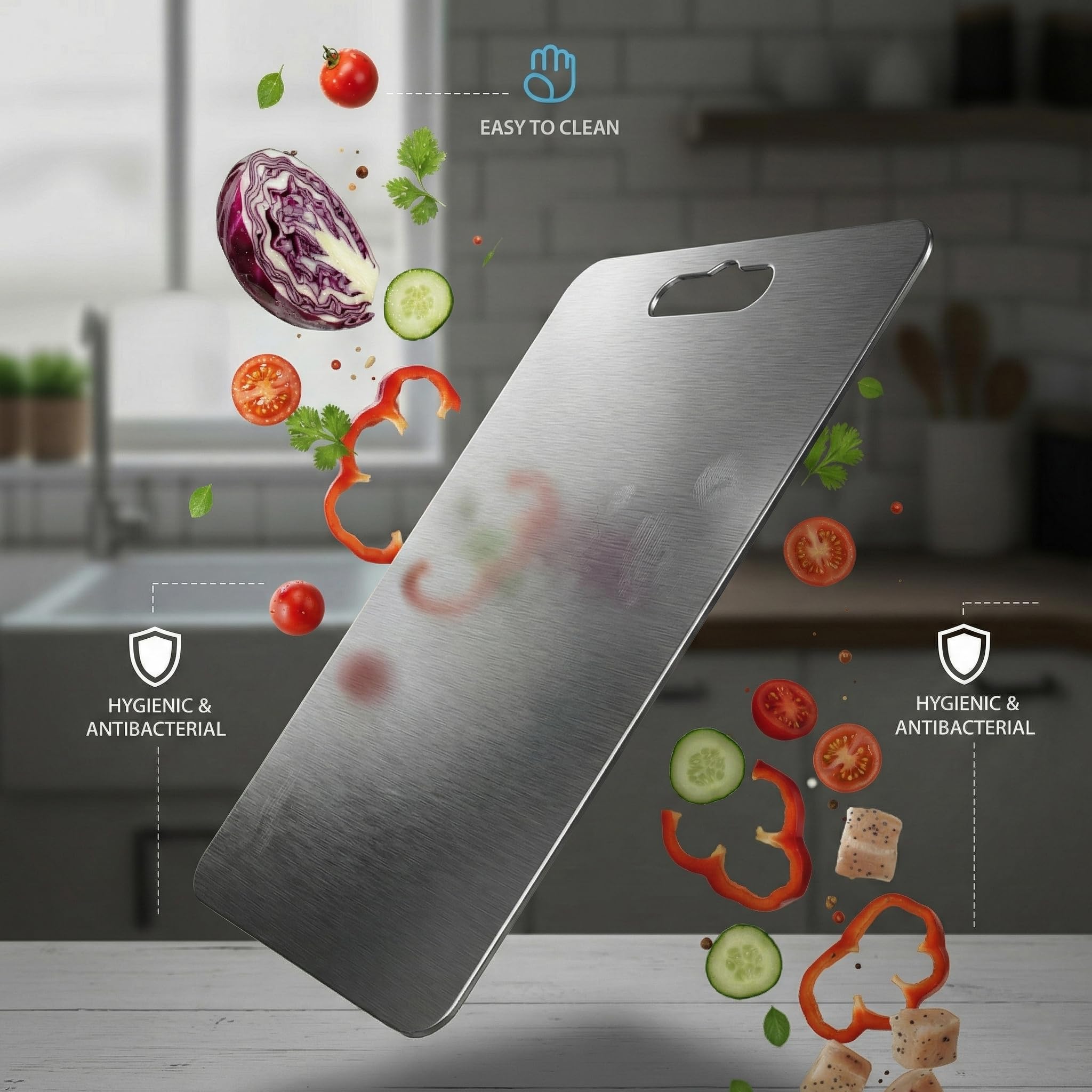 Herrlich Homes Rectangle Stainless Steel Chopping Board | with Steel Straw & Anti-Skid Silicon Pad | for Cutting Vegetables, Meat, Fish, Fruits | Chopping Board for Kitchen | M | 31 x 21 cm