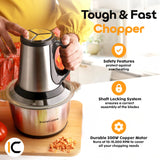 InstaCuppa Electric Chopper for Kitchen Use with 3 Attachments, 2 Litre Stainless Steel Meat Mincer, 300W Vegetable Cutter Machine with Garlic Peeler and Egg Whisker, Carrot Grater for Busy Moms