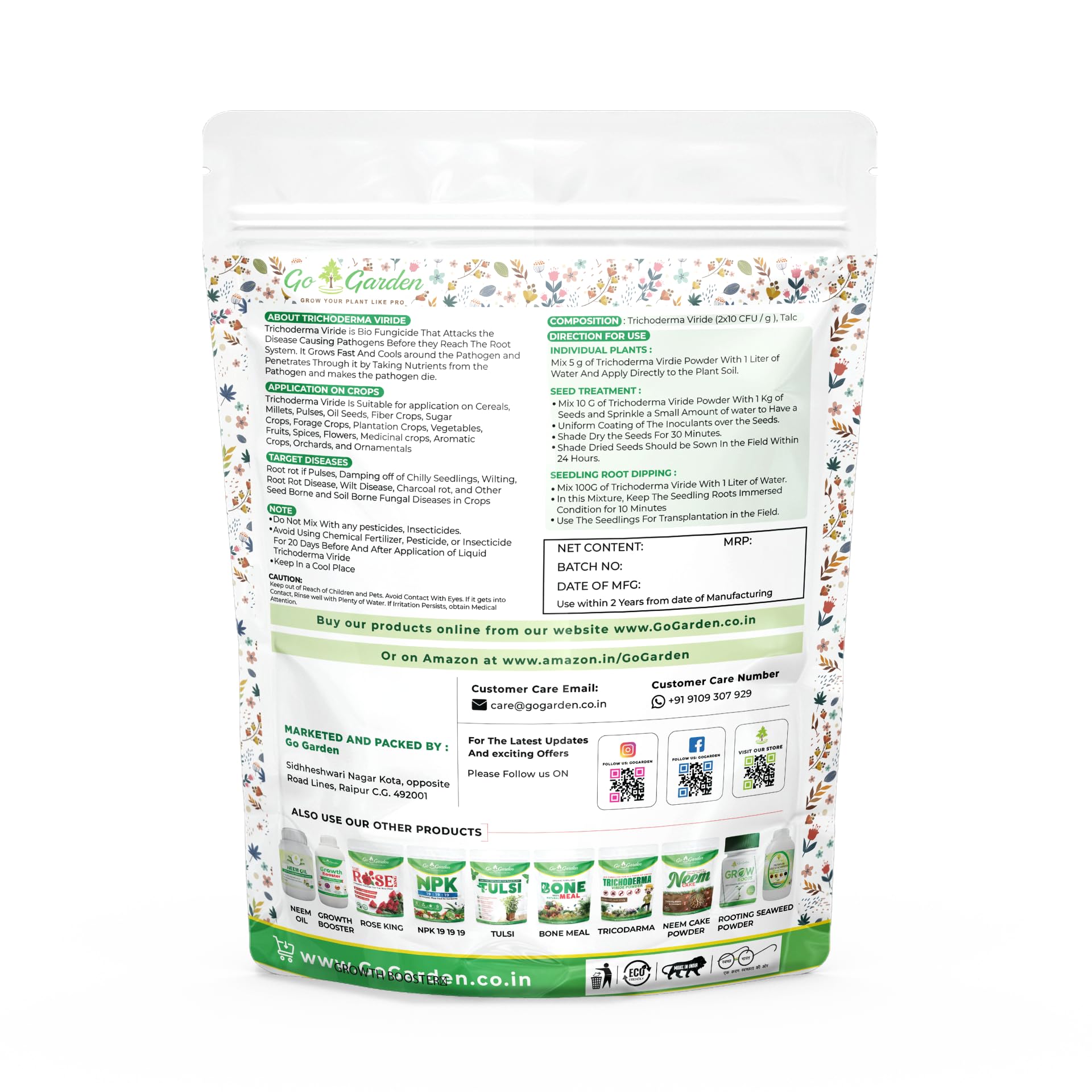 Go Garden Trichoderma Bio Fungicide for plants (2 x 10^8 CFU per Gram) Bio Fungicide - Prevents Fungal and Bacterial Diseases in Plants 400 G