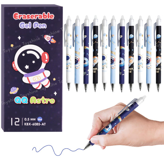 Toyshine 12 Pc Astronaut Theme Stylish Retractable 0.5mm Erasable Gel Pen, Blue Ink | Smooth Writing | Refillable Gel Pen | Kawaii Stationery for Kids Birthday Party Return Gift