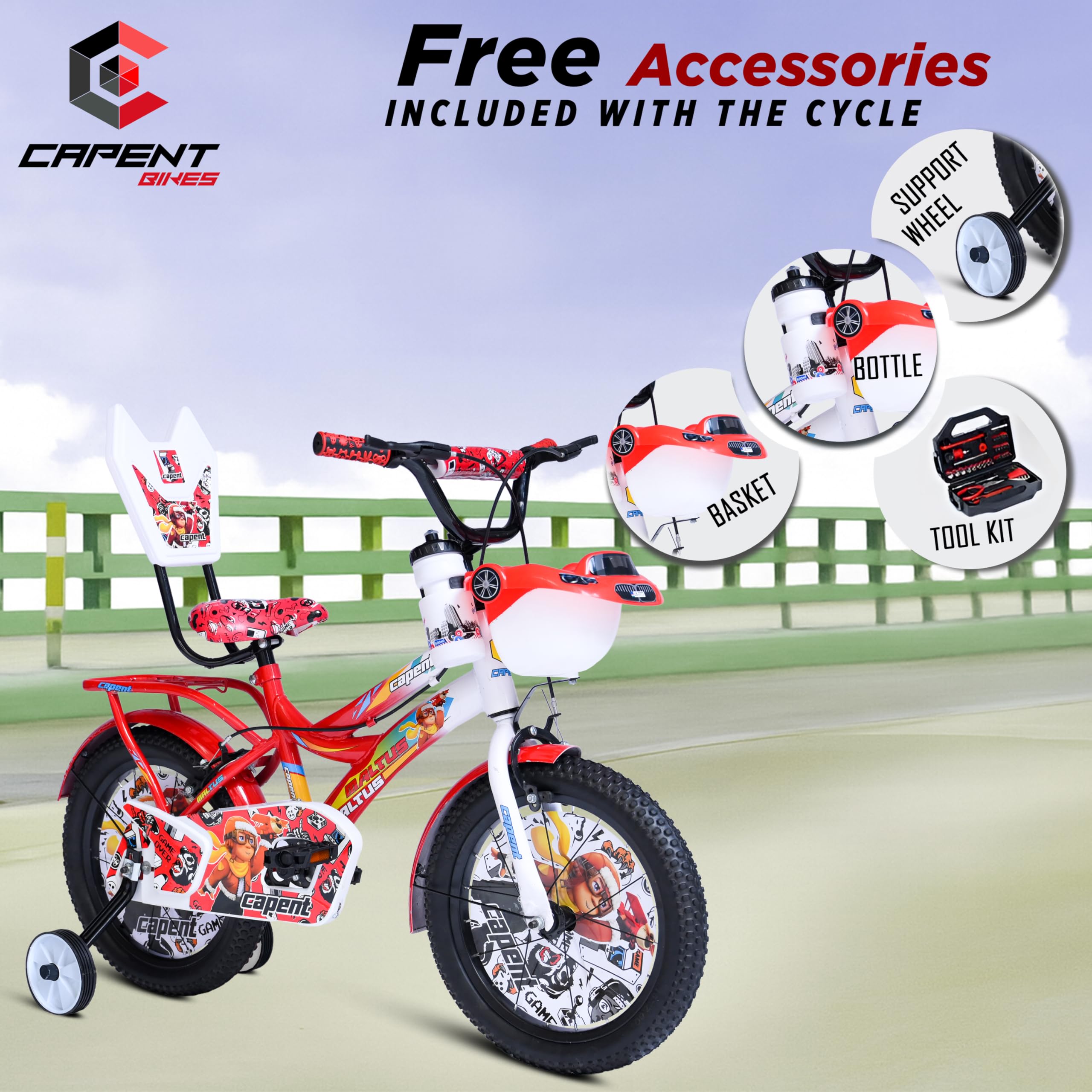 CAPENT Maltus Cycle for Kids Boys/Girls with Balance Wheel & Back Carrier | Rigid Fork | Frame 11 Inch | Ideal for 4 to 6 Years Kids Road BMX Bike