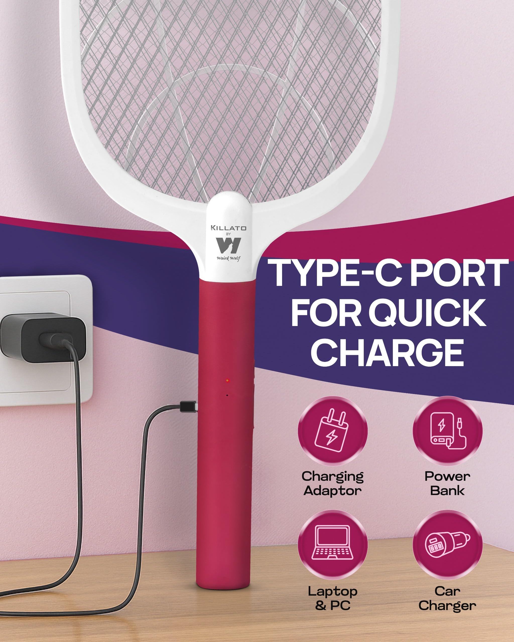 Weird Wolf Heavy Duty Mosquito Racket Bat | Rechargeable Electric Fly Swatter | Mosquito Killer Racquet with Type-C Charging and 6 Months Warranty (Maroon)